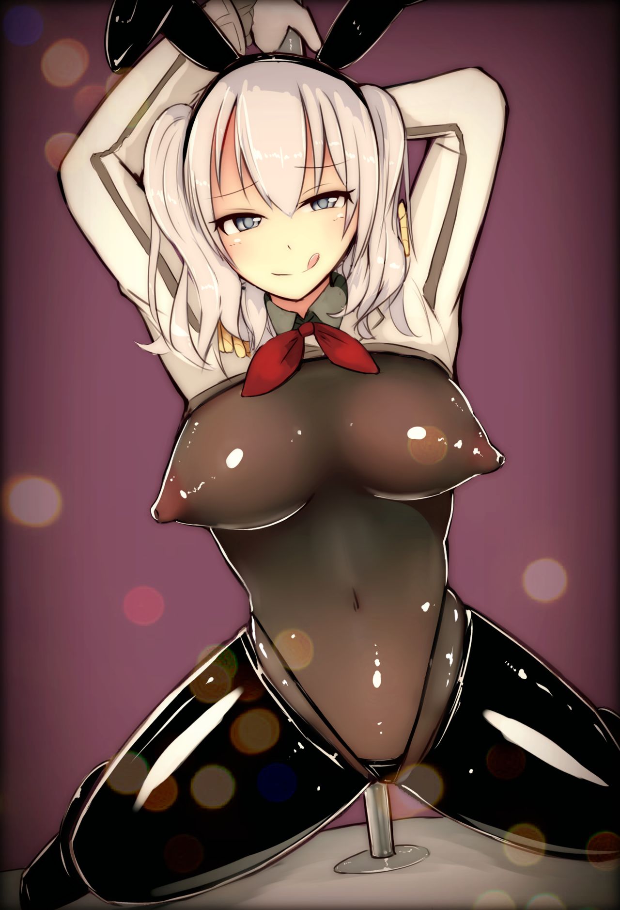 big_breasts black_latex_g-string black_latex_legwear black_latex_panties black_latex_thighhighs breasts bunny_ears bunny_girl eyebrows_visible_through_hair kantai_collection kashima_(kantai_collection) katsuten latex_bodysuit latex_legwear latex_leotard latex_panties legwear navel nipples panties red_ribbon ribbon tagme