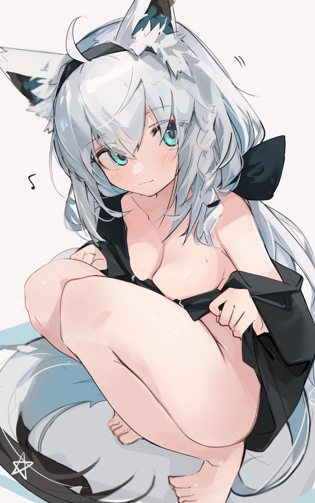 animal ears, bottomless, breasts, clothes lift, female, fox ears, fox girl, fox tail, full body, highres, hololive, hololive gamers, hololive gen 1, hololive japan, lifted by self, long hair, looking at viewer, medium breasts, mikozin, naked shirt, no panties, off shoulder, oversized clothes, oversized shirt, shirakami fubuki, shirt, shirt lift, short sleeves, squatting, sweat, tail, virtual youtuber, white hair