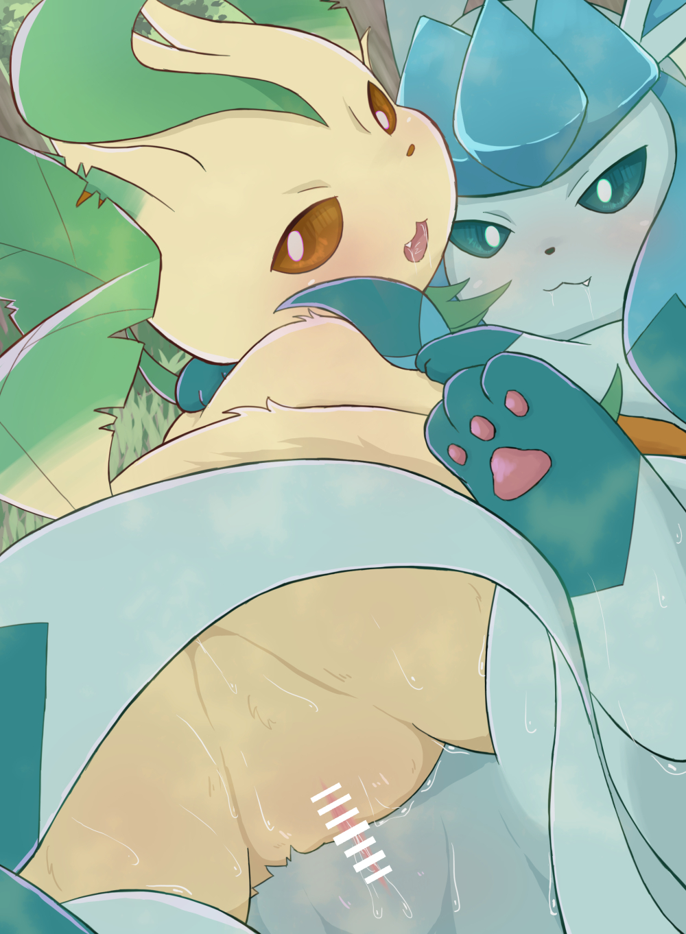 blue_body bodily_fluids censored duo eeveelution female female/female feral genital_fluids genitals glaceon hi_res leafeon looking_at_viewer nintendo pokemon pokemon_(species) pussy pussy_juice rumine video_games yellow_body