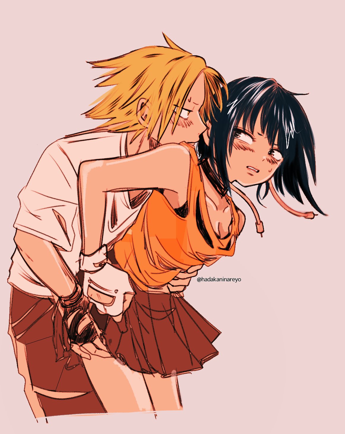 1boy 1girls clothed couple denki_kaminari fanon_couple female fingerless_gloves from_behind gloves groping hadakaninareyo hand_on_hip hand_on_waist hand_under_clothes hand_under_skirt kyoka_jiro my_hero_academia short_skirt skirt standing straight waist_grab