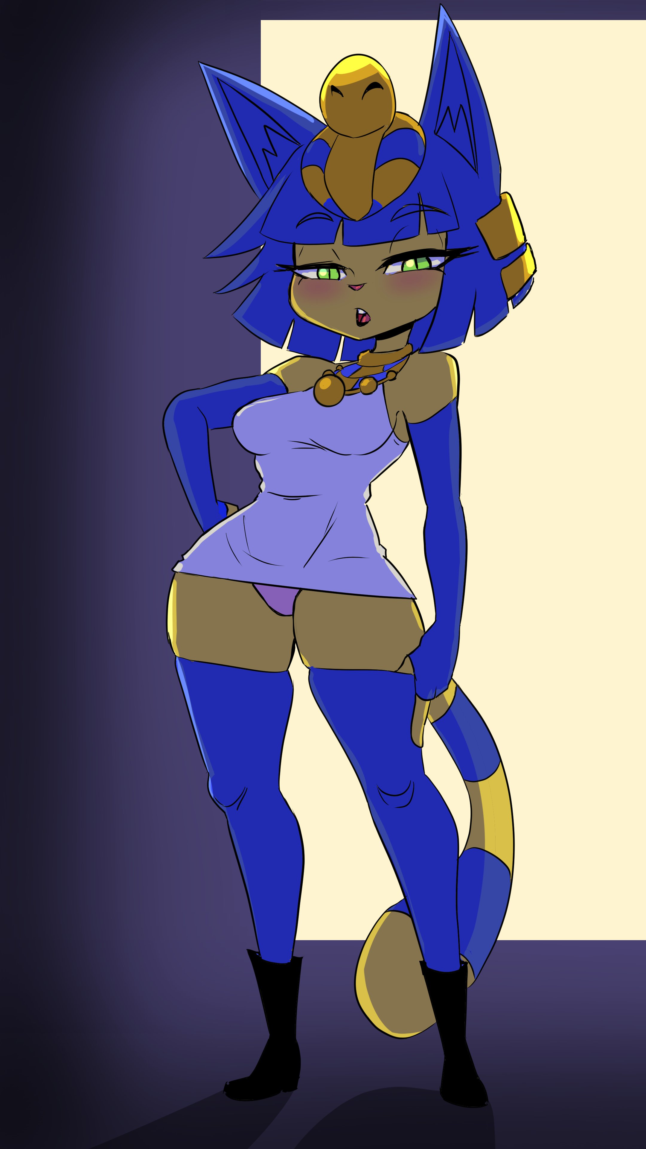 1girls, 2022, absurd res, amhidden, animal crossing, ankha, ankha (animal crossing), anthro, arm gloves, blue hair, blue thighhighs, blush, cat ears, cat tail, dress, egyptian, feline, female, female only, green eyes, looking at viewer, narrowed eyes, nintendo, solo, solo female, tail, thighhighs
