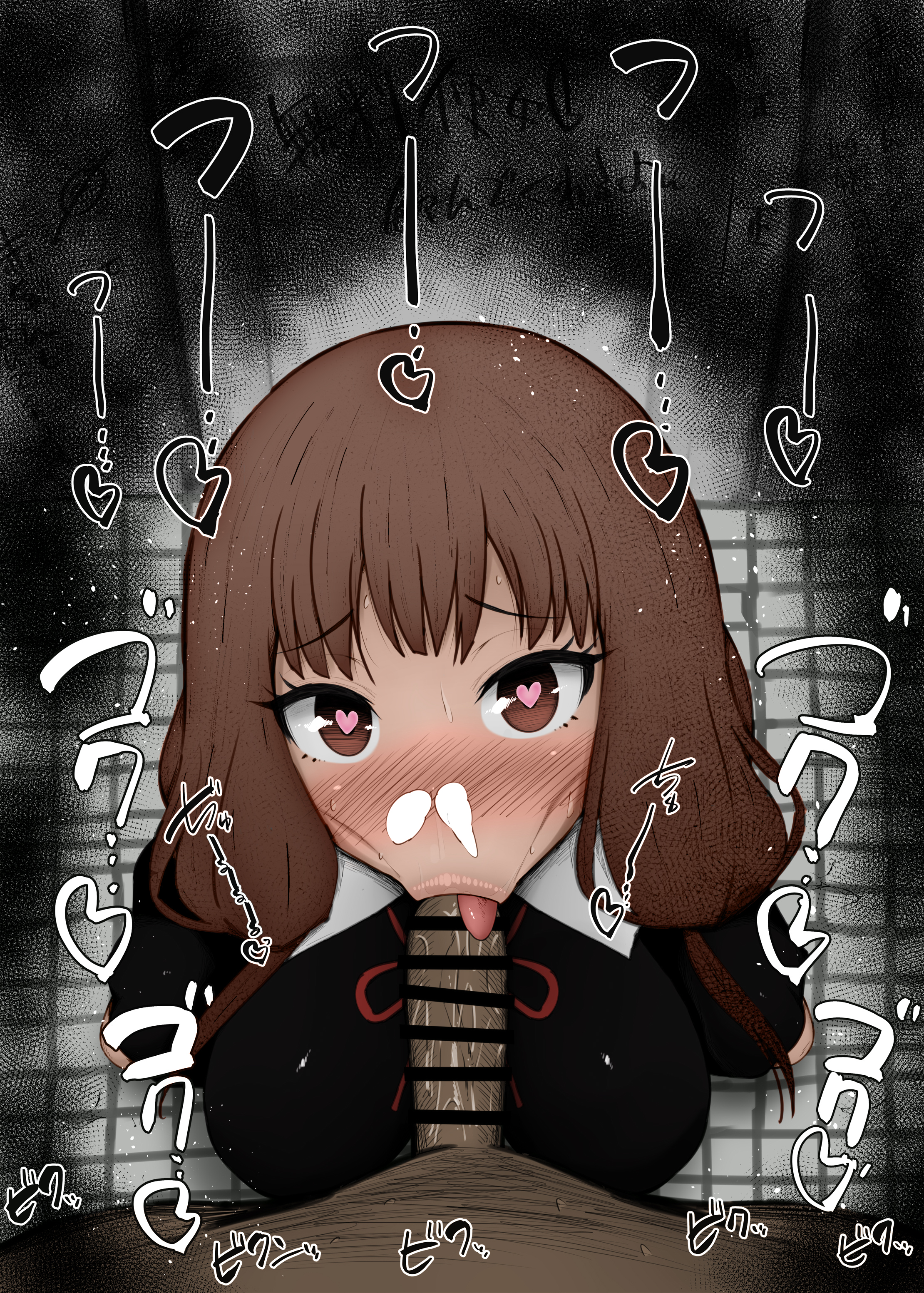 :>=, 1boy, 1girls, angry dragon, blush, breasts, censor bar, censored, clothed female nude male, clothing, color, colored, completely nude, cum out nose, dark skin, dark-skinned male, dress, erection, eyebrows visible through hair, fellatio, female, furrowed eyebrows, head tilt, heart, heart-shaped pupils, iino miko, indoors, japanese language, japanese text, kaguya-sama wa kokurasetai ~tensai-tachi no renai zunousen~, kurotama, large breasts, legs, light skin, light-skinned female, lips, long hair, looking at another, looking at viewer, looking up, male, male pov, nude, nude male, oral, penis, pointless censoring, pov, pov crotch, public use, saliva, saliva on penis, school uniform, shiny, shiny skin, solo focus, sound effects, spread legs, squatting, swallowing, swallowing cum, sweat, text, thighs, tile floor, tiles, toilet, tongue, tongue out, uniform, urinal, vacuum blowjob, vacuum fellatio, vacuum-like fellatio, veins, veiny penis, viewed from above, wall