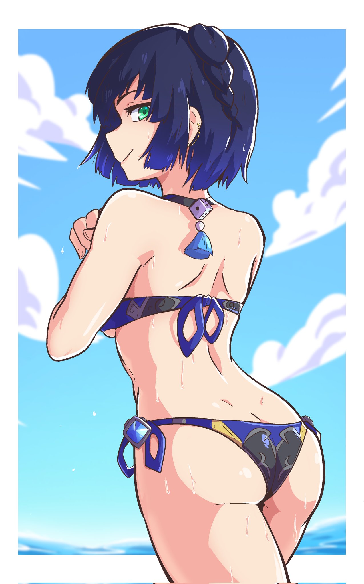 1girls, ass, bikini, dashi art, female, genshin impact, green eyes, purple hair, swimsuit, yelan (genshin impact)