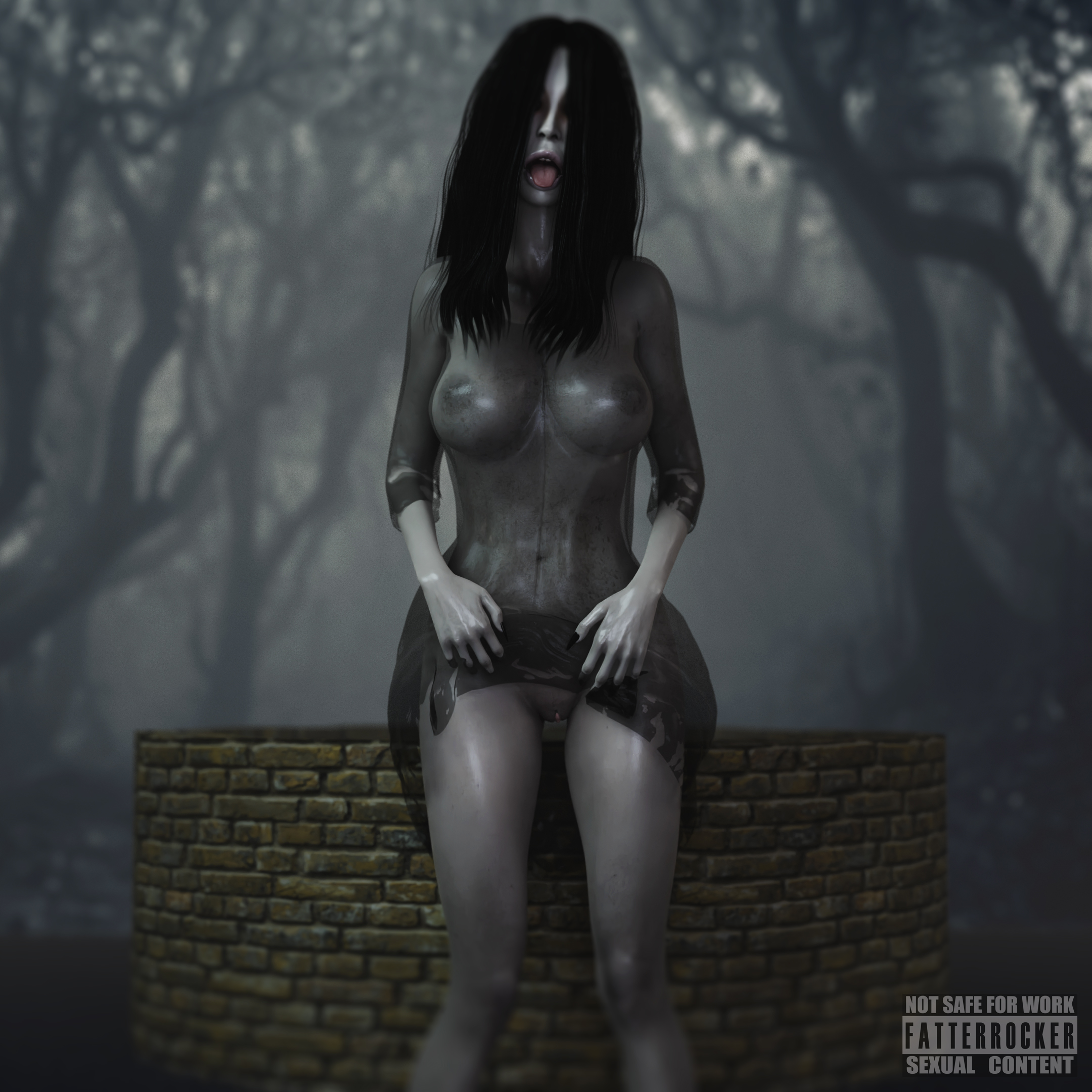 1girls, 3d, fatterrocker, female, ghost, ghost girl, hair, hair covering eye, light skin, light-skinned female, long hair, naked, nude, nude female, pale skin, pale-skinned female, pussy, see-through, see-through clothing, skirt lift, the ring, vagina, yamamura sadako
