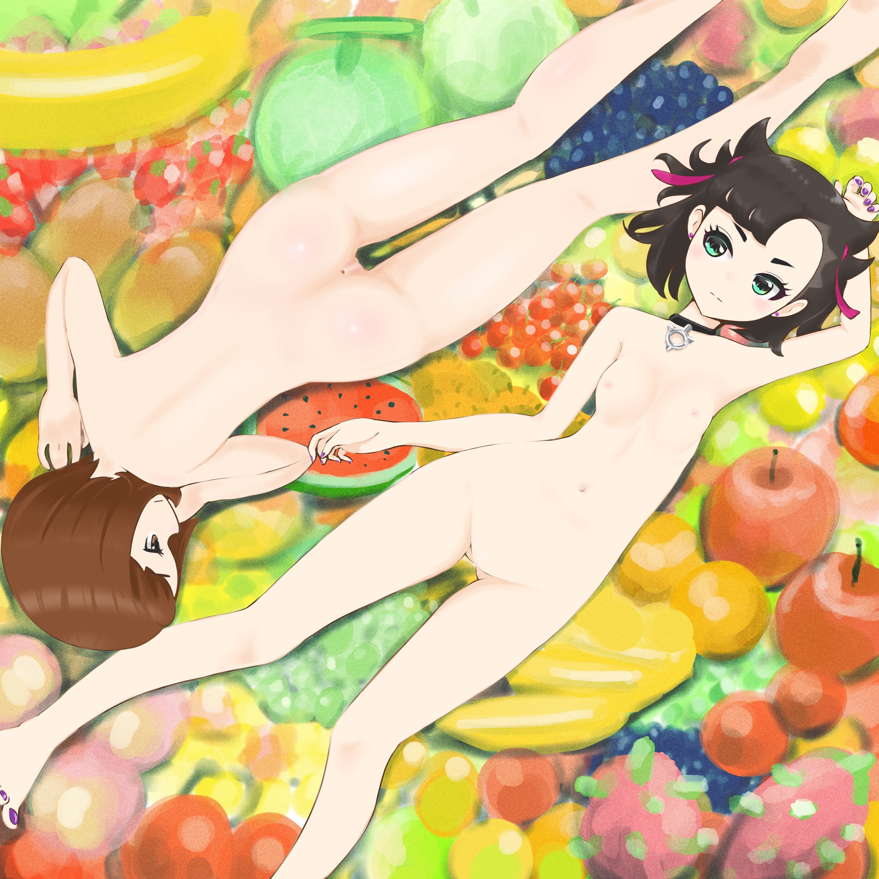2girls, ass, breasts, female, female only, gloria (pokemon), human, human only, lying on back, lying on stomach, marnie (pokemon), microsd (artist), multiple females, multiple girls, nintendo, nude, nude female, painted nails, pokemon, pokemon ss, pussy, small breasts