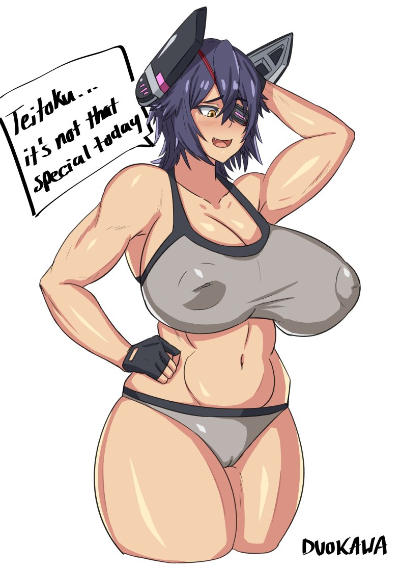 1girls abs artist_name artist_signature belly belly_button big_breasts blush blush blush_lines bra breasts collarbone duo_kawa english english_commentary english_text erect_nipples erect_nipples_under_clothes eyepatch feet_out_of_frame female female female_only hair_between_eyes hand_behind_head hand_on_hip huge_breasts kantai_collection large_breasts legs light-skinned_female light_skin looking_down muscular muscular_female oerba_yun_fang open_mouth panties purple_hair short_hair shy simple_background solo solo_female solo_focus standing stomach tenryuu_(kantai_collection) text text_bubble thick_legs thick_thighs thighs tight_clothing tomboy tongue tummy white_background yellow_eyes