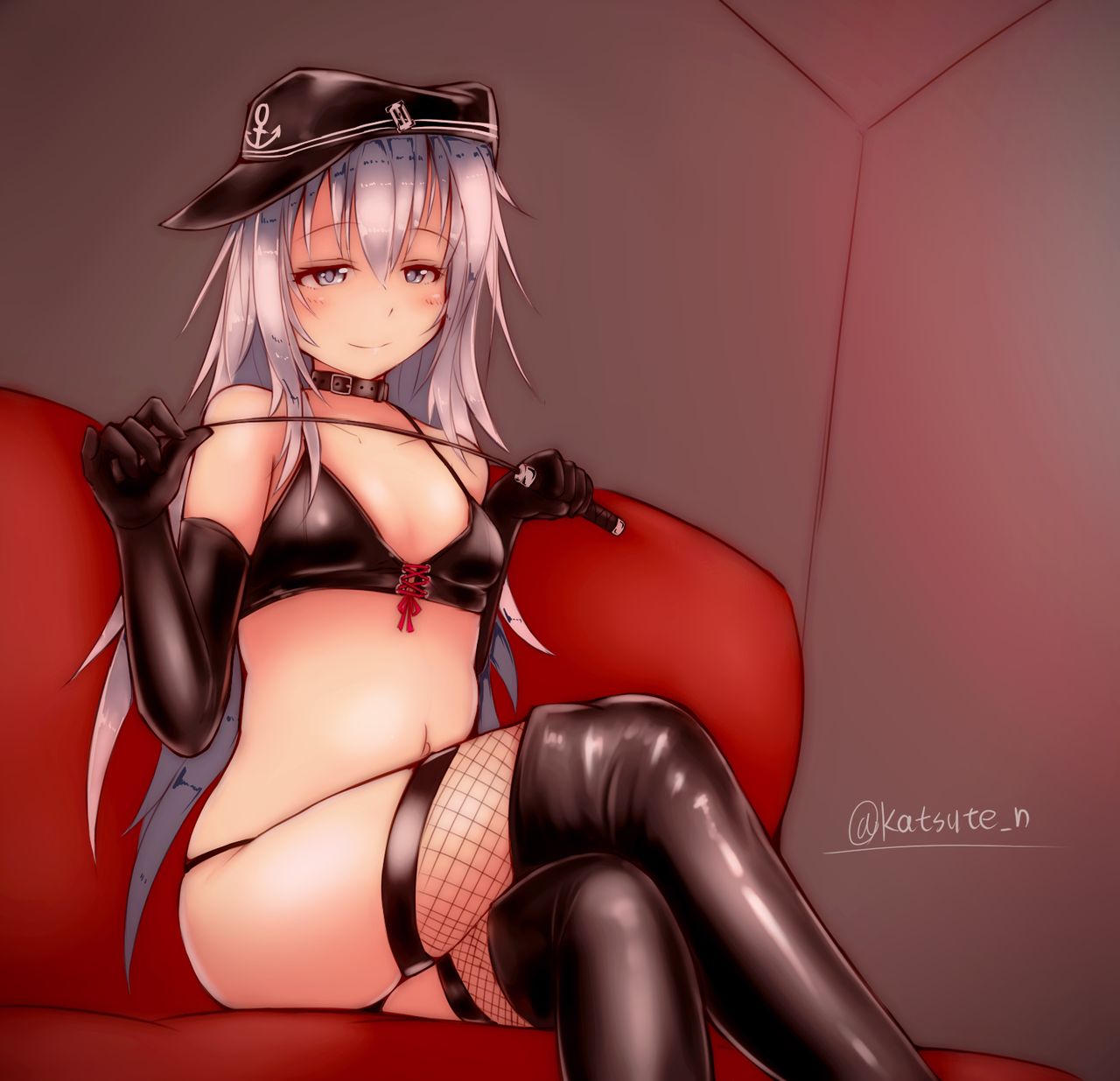 belly_button black_bra black_gloves black_legwear collar eyebrows_visible_through_hair female female_focus female_only fishnet_legwear fishnets full_color gloves hat hibiki_(kantai_collection) human human_female human_only kantai_collection katsuten light-skinned_female light_skin long_black_gloves long_gloves red_ribbon ribbon smile tagme verniy_(kantai_collection)