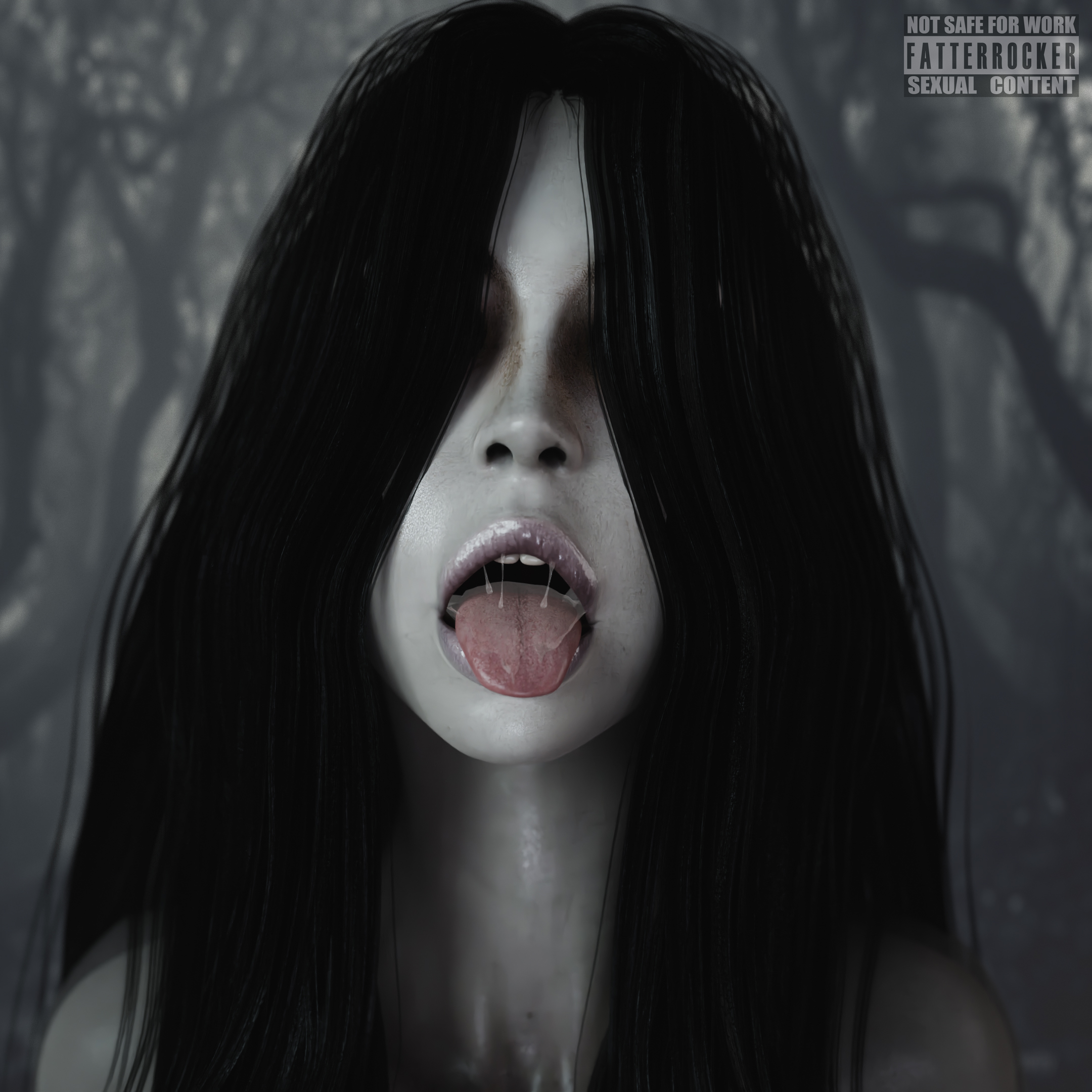 1girls, 3d, cum, cum in mouth, fatterrocker, female, ghost, ghost girl, hair, hair covering eye, light skin, light-skinned female, long hair, open mouth, pale skin, pale-skinned female, the ring, tongue, tongue out, yamamura sadako