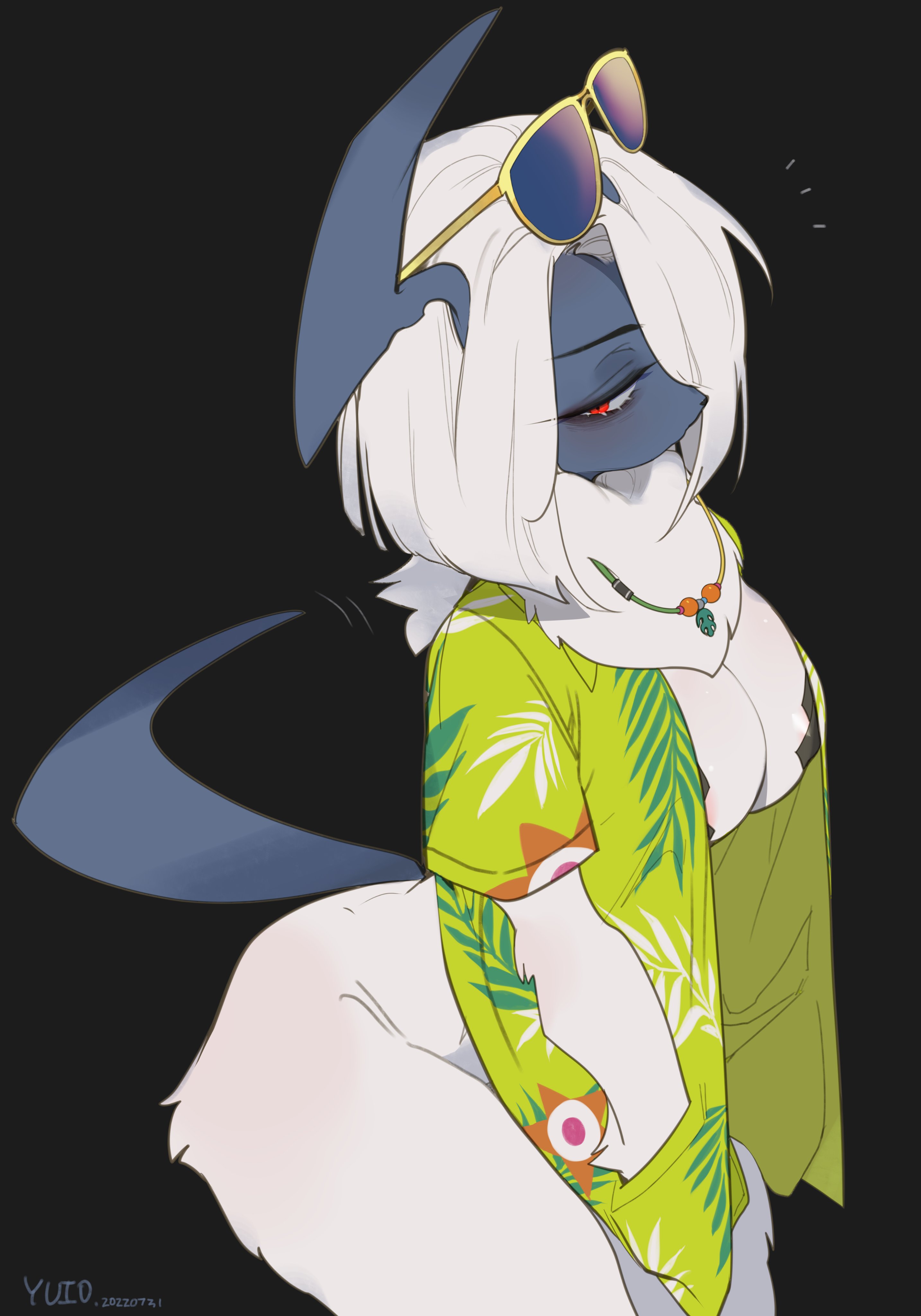 1girls, absol, absurd res, areola slip, black background, breasts, female, female only, fur, furry, hands in pockets, hawaiian shirt, looking at viewer, medium hair, narrowed eyes, nintendo, nipple pasties, pasties, pokémon (species), pokemon, pokemon (species), pokemorph, red eyes, side view, solo, solo female, sunglasses, sunglasses on head, t-shirt, white fur, white hair, x pasties, yuio