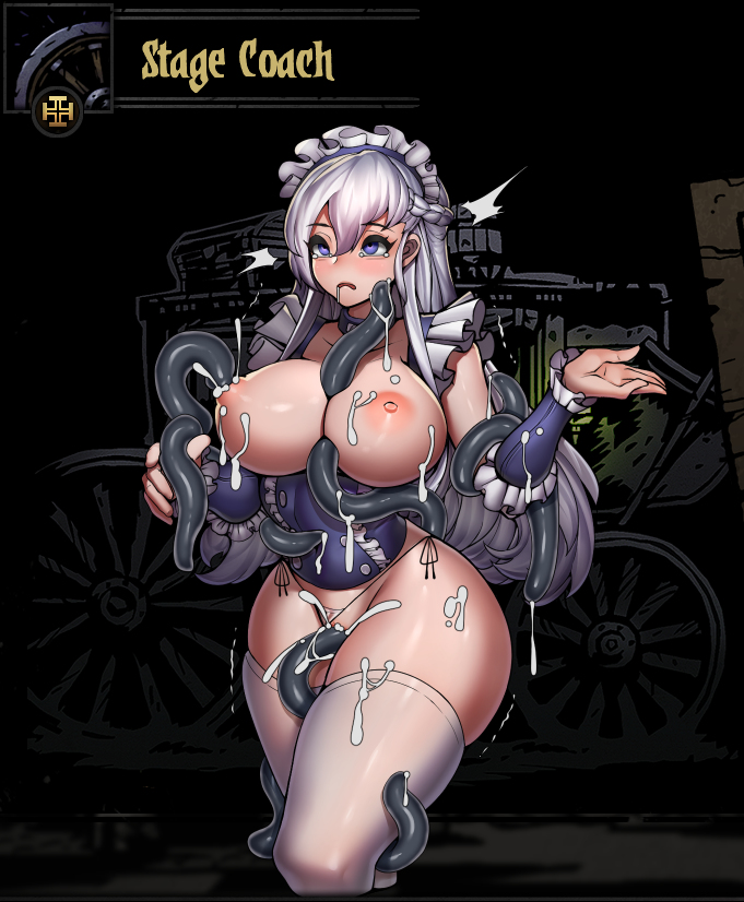 azur_lane belfast_(azur_lane) big_breasts braid breasts_out crossover cum cum_inside darkest_dungeon huge_breasts lactation long_hair maid_headdress milking_tentacles niur panties_aside purple_eyes tentacle tentacle_sex very_long_hair white_hair