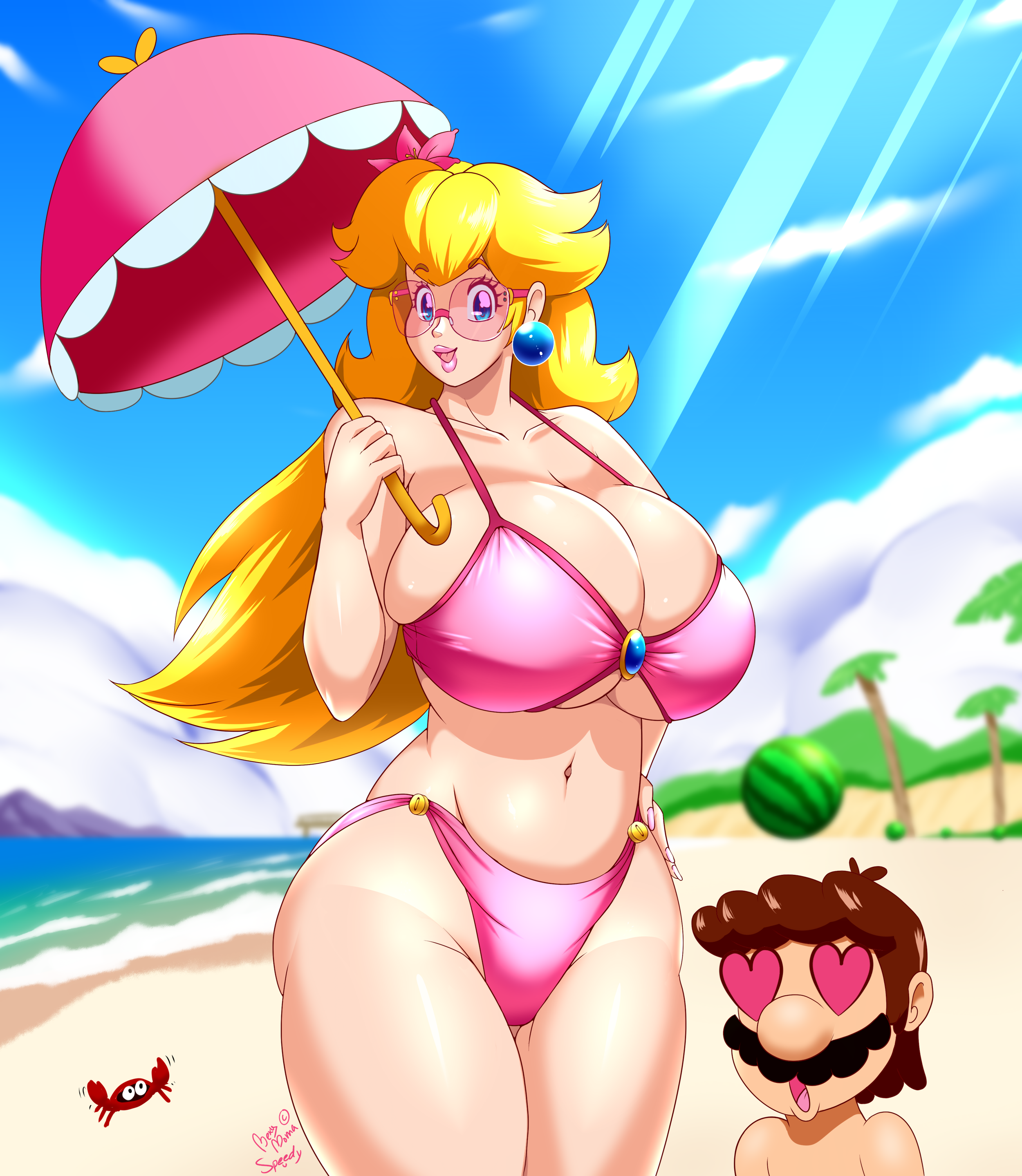1boy, beach, big breasts, bikini, blonde female, breasts, crab, female, gelato beach, heart eyes, male, mario, mario (series), nintendo, pink-tinted eyewear, princess peach, speeds, sunglasses, super mario sunshine, thick thighs, tinted eyewear, voluptuous, watermelon