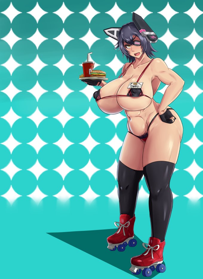 1girls abs armpits belly belly_button big_breasts bra breasts burger collarbone drinking duo_kawa erect_nipples erect_nipples_under_clothes eyebrows_visible_through_hair eyepatch female female female_only fingerless_gloves food fries full_body gloves hair_ornament hairy_pussy hand_on_hip huge_breasts kantai_collection large_breasts legs legwear looking_at_viewer muscular muscular_female oerba_yun_fang open_mouth oppai panties pubic_hair purple_hair restaurant short_hair skates solo solo_female solo_focus standing stomach tenryuu_(kantai_collection) thick_legs tomboy yellow_eyes