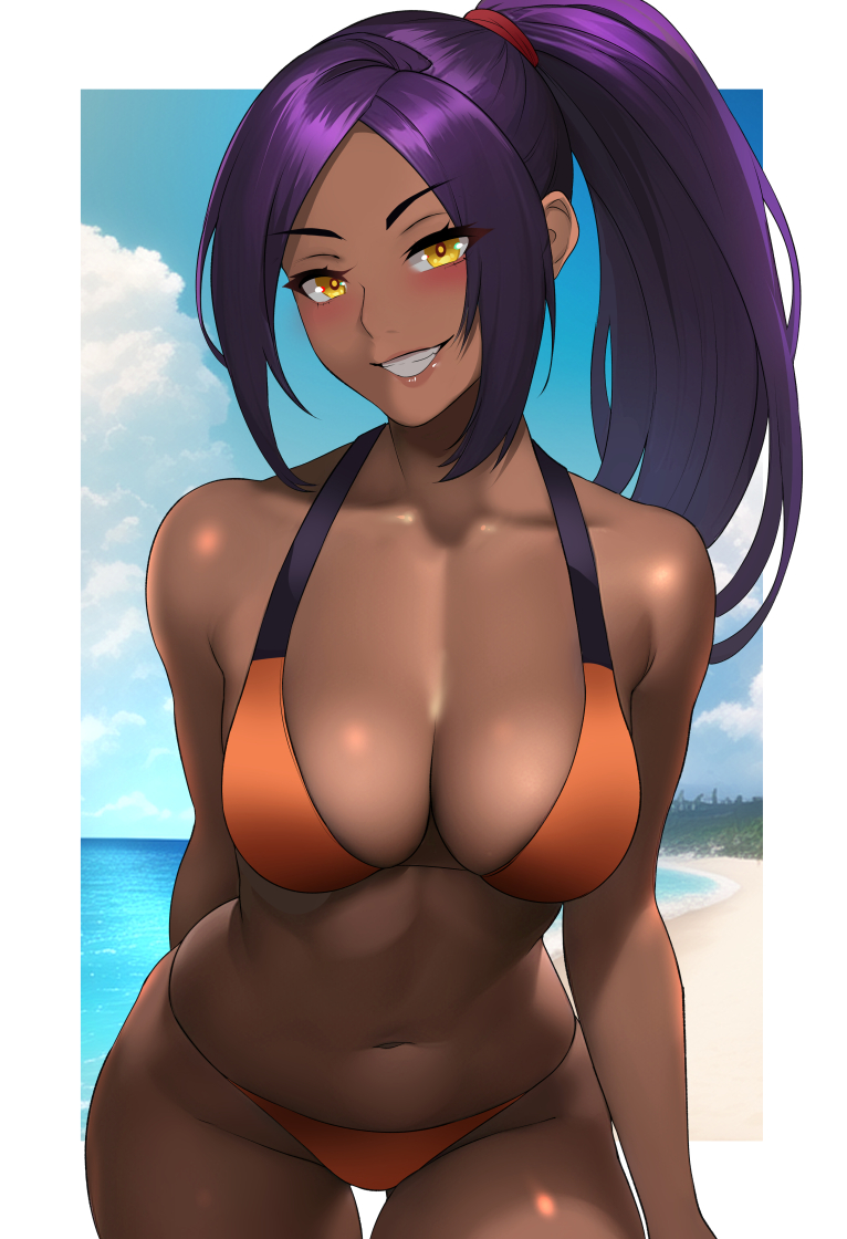 1girls, bikini, bleach, breasts, brown skin, cleavage, dark skin, dark-skinned female, female, female only, hips, lainart, large breasts, long hair, looking at viewer, orange bikini, ponytail, purple hair, shihouin yoruichi, slim waist, smile, solo, thick thighs, thighs, wide hips, yellow eyes