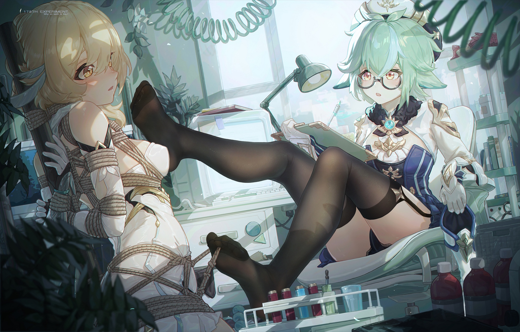 2girls, blonde hair, bondage, feet, feet visible through clothing, female, foot fetish, genshin impact, green hair, icecake, lumine (genshin impact), socks, stockings, sucrose (genshin impact)