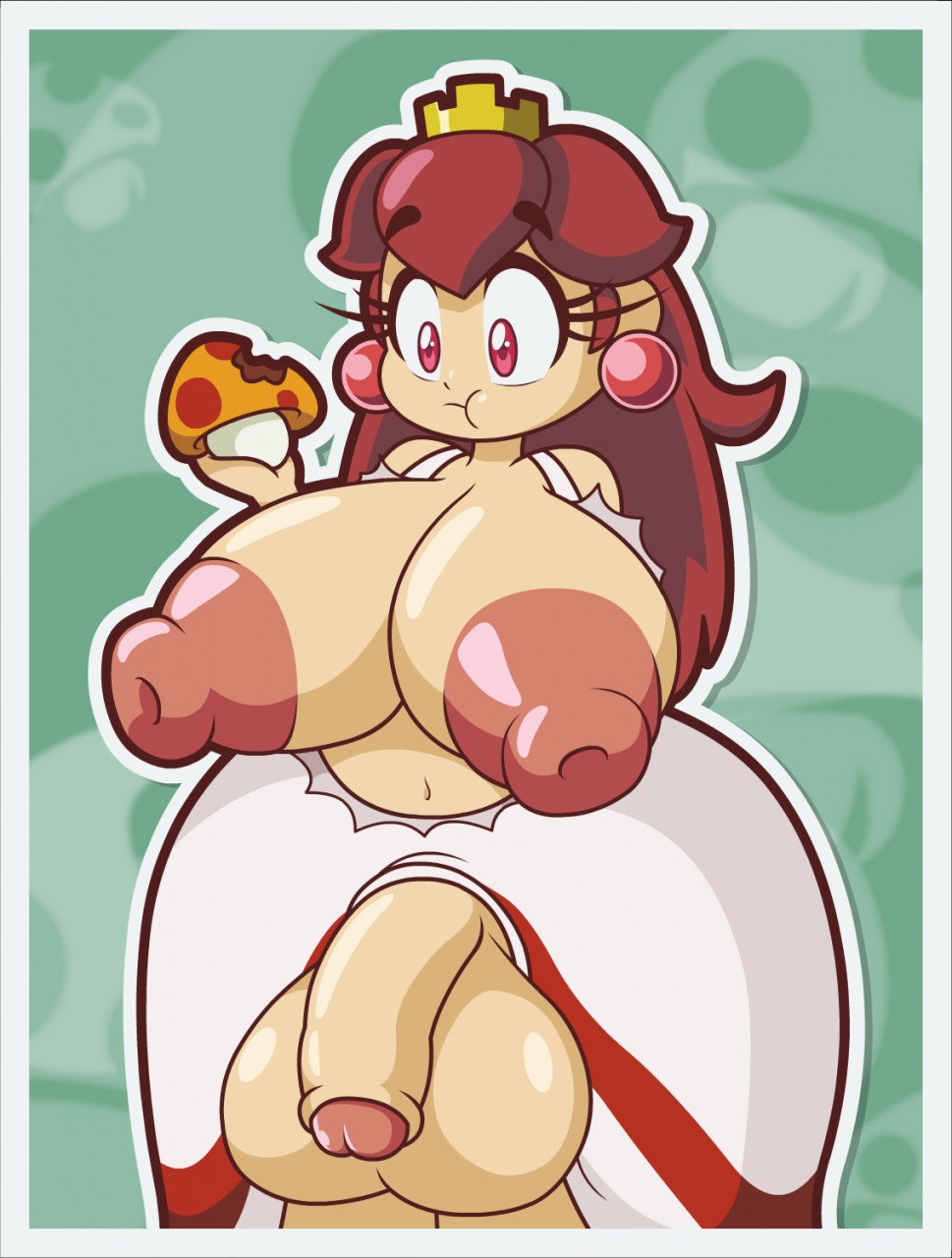 1futa, alternate version available, areolae, balls, breast expansion, breast growth, breast growth (enlargement), breasts, clothed, clothing, cute, flaccid, foreskin, functionally nude, futa only, futanari, huge balls, huge breasts, huge cock, human, intersex, light skin, light-skinned futa, looking at viewer, mario (series), mostly clothed, mushroom, nintendo, nipples, partially retracted foreskin, penis, princess peach, princess toadstool, retracted foreskin, solo, solo futa, standing, super mario bros., super mario bros. (nes), thisnameistaken, uncircumcised