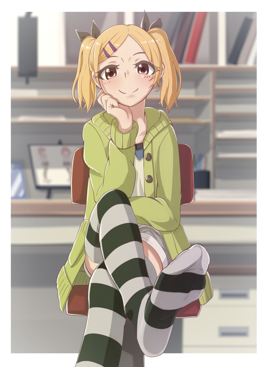 1girl 1girls blonde_hair brown_eyes chair feet jacket shirobako short smile smiling socks solo solo_female striped_stockings twintails yano_erika