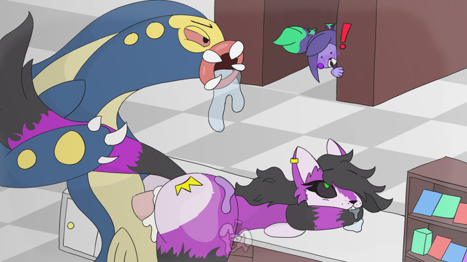 bent_over bent_over_counter bent_over_table black_hair cum_in_pussy drawingsdani eelektross furry oc pokémon_(species) pokemon purple_body purple_fur shelves tail tail_pull