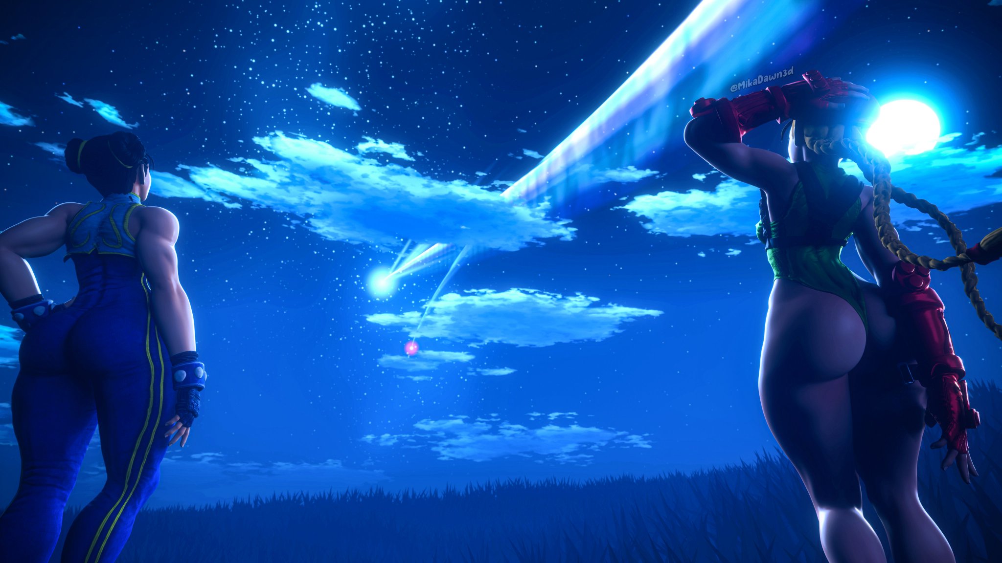 2girls, 3d, 3d (artwork), asian, asian female, ass, ass focus, big ass, big butt, black hair, blender, blonde hair, bubble ass, bubble butt, cammy white, chun-li, female, female only, hair ornament, hand on hip, huge ass, huge butt, leotard, looking up, mikadawn, night, ponytail, short hair, starry sky, stars, street fighter, street fighter alpha, street fighter v, thick ass, thick thighs