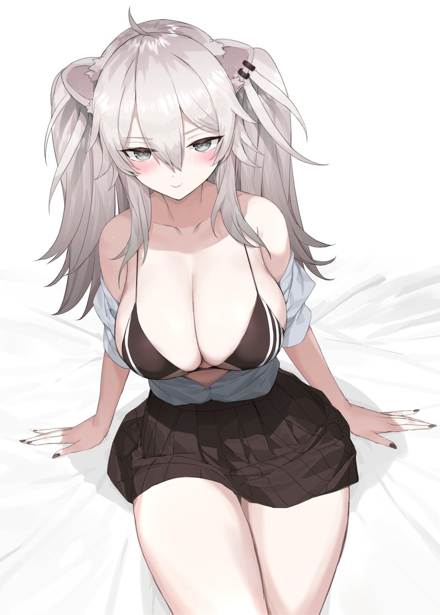 big breasts, breasts, female, hololive, hololive gen 5, hololive japan, lion ears, pale skin, revealing clothes, school uniform, shishiro botan, silver eyes, thick thighs, virtual youtuber, white hair
