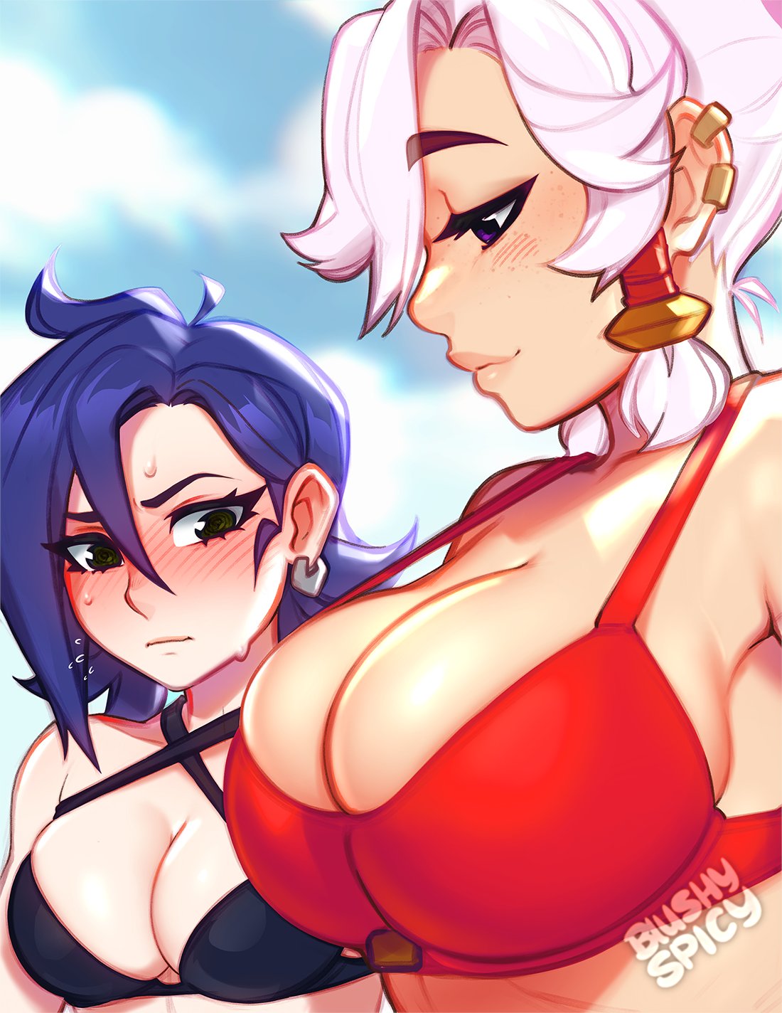 2girls big_breasts bikini blush blush_lines blushing blushypixy blushyspicy breast_awe breast_envy breasts busty cleavage clothed female female_only fighter_(spicy_quest) flustered girl_staring_at_guy's_chest kaye_(blushypixy) large_breasts meme multiple_girls observing original rogue_(spicy_quest) size_difference spicy_quest sweat sweatdrop sweating swimsuit tagme yuri