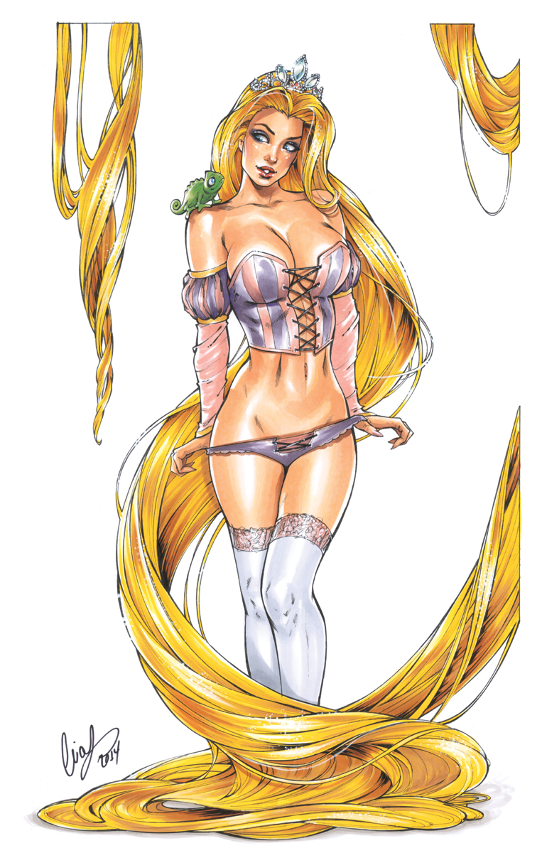 1girls, blonde female, blonde hair, breasts, cleavage, corset, crown, disney, disney princess, elias chatzoudis, female, large breasts, lingerie, long hair, looking at viewer, panties, panties down, pushing down, rapunzel, red lipstick, seductive, solo female, stockings, tagme, tangled, white stockings