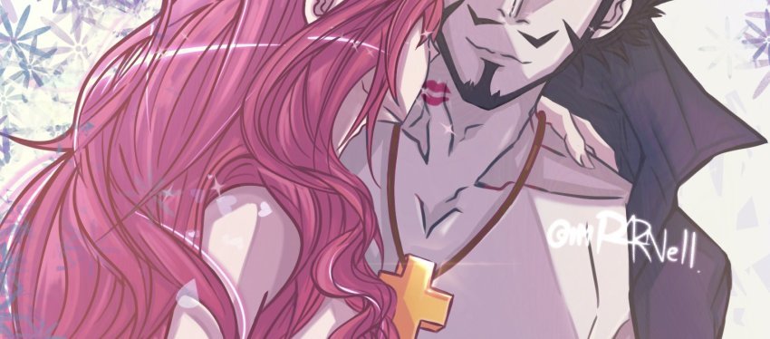 1boy 1boy1girl 1girls 2d beard clothing cross cute dracule_mihawk female flower_pattern kiss kiss_mark kissing long_hair male mustache necklace no_eyes no_face one_piece perona pink_hair shirt shirt_open simple_background smile smiling tagme text watermark white_background wholesome