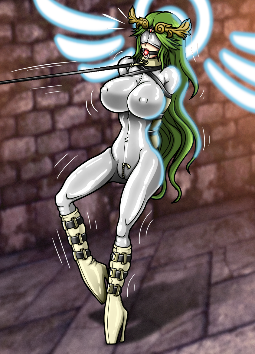 1girls arm_binder arms_tied_behind_back ball_gag ballet_boots ballet_heels blindfold blue_light bodysuit bondage breasts collar crotch_zipper crown deity drooling dungeon edit female femsub gag gagged goddess green_hair halo high_heel_boots high_heels highres hourglass_figure kid_icarus kid_icarus_uprising large_breasts latex latex_bodysuit leash leash_pull long_green_hair long_hair monoglove nintendo nipple_bulge palutena re-maker remaker slave stone_floor stone_wall tagme third-party_edit walking white_blindfold white_bodysuit white_latex zipper