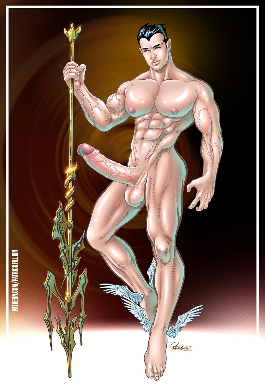 1boy abs big_penis black_hair erect_penis erection light-skinned_male light_skin male male_focus male_only marvel marvel_comics muscular muscular_male namor nude patrick_fillion pecs pointy_ears solo solo_male trident veiny_muscles veiny_penis