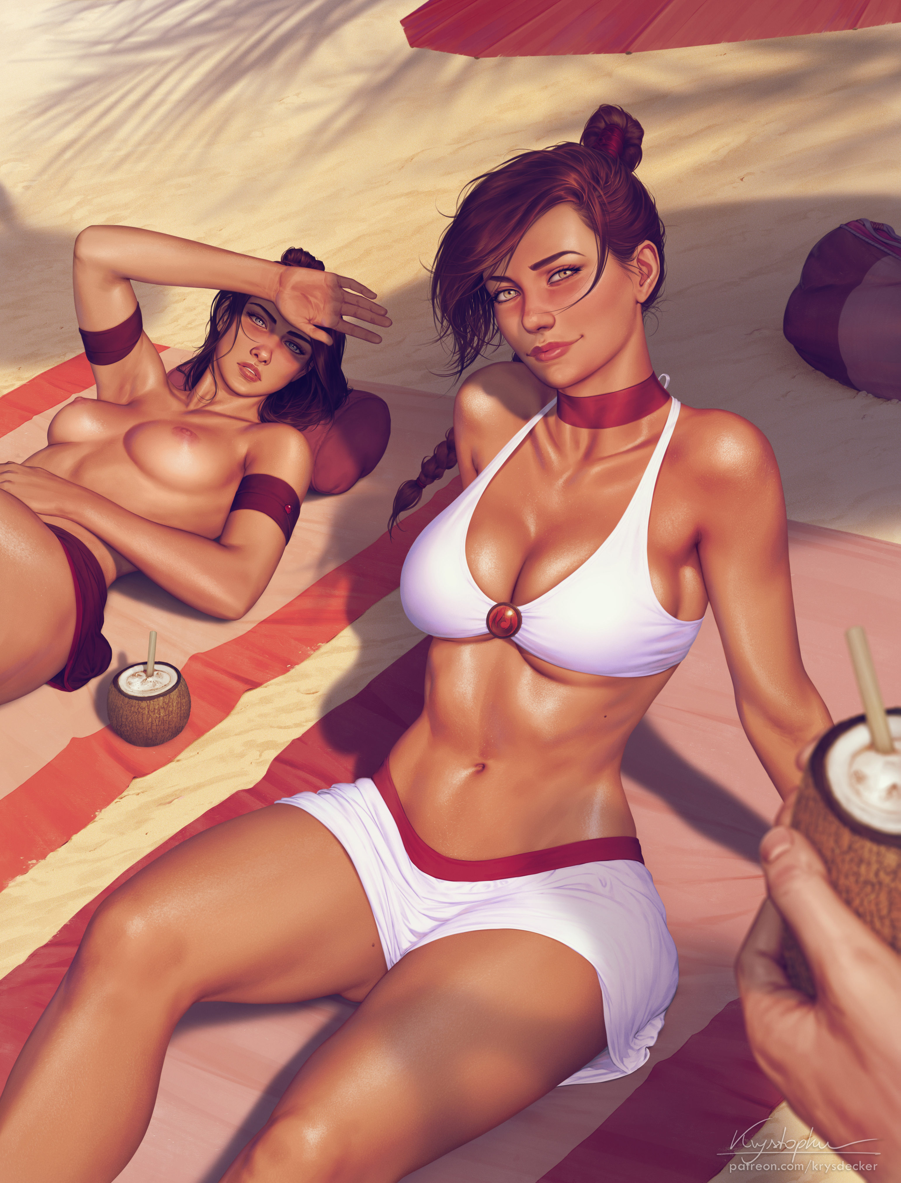 2girls, avatar the last airbender, beach, breasts, female, human, krysdecker, medium breasts, multiple females, multiple girls, navel, nipples, pinup, straight hair, suki, sunbathing, swimsuit, ty lee