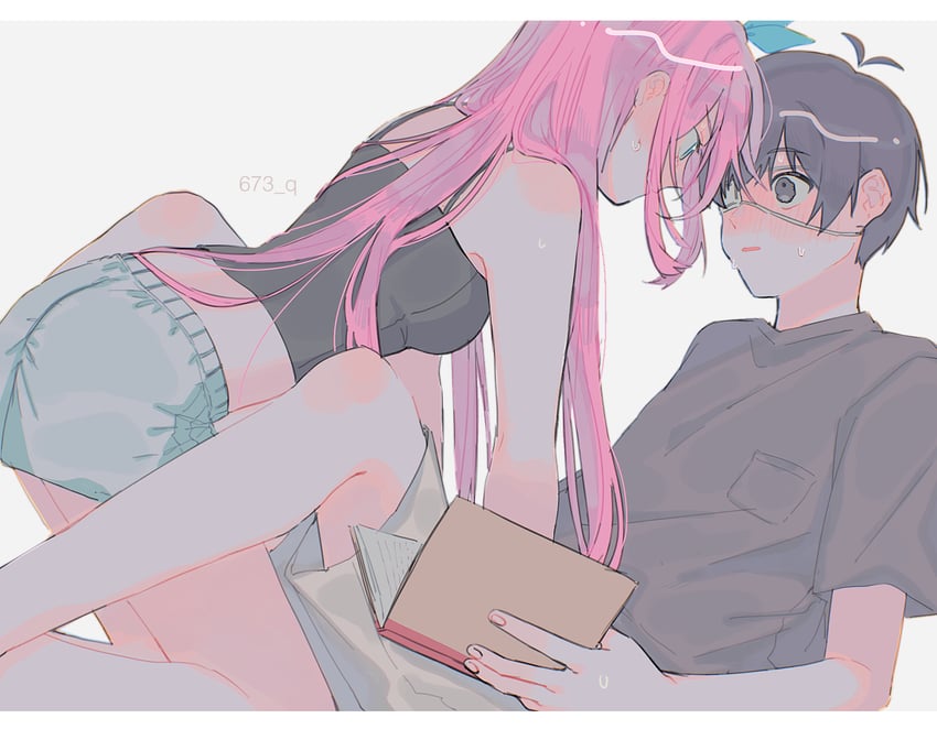 1boy, 1girls, 673 q, aubrey (omori), blush, female, male, omori, pink hair, skirt, spread legs, straight, sunburn (omori), sunny (omori), superdiviatomic