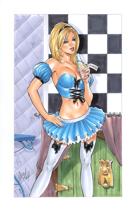 1girls alice_(wonderland) alice_in_wonderland alice_liddell big_breasts blonde_female blonde_hair corset doorknob_(wonderland) elias_chatzoudis english english_text fit fit_female hairband holding_bottle human light-skinned_female light_skin potion short_hair skimpy_clothes stockings