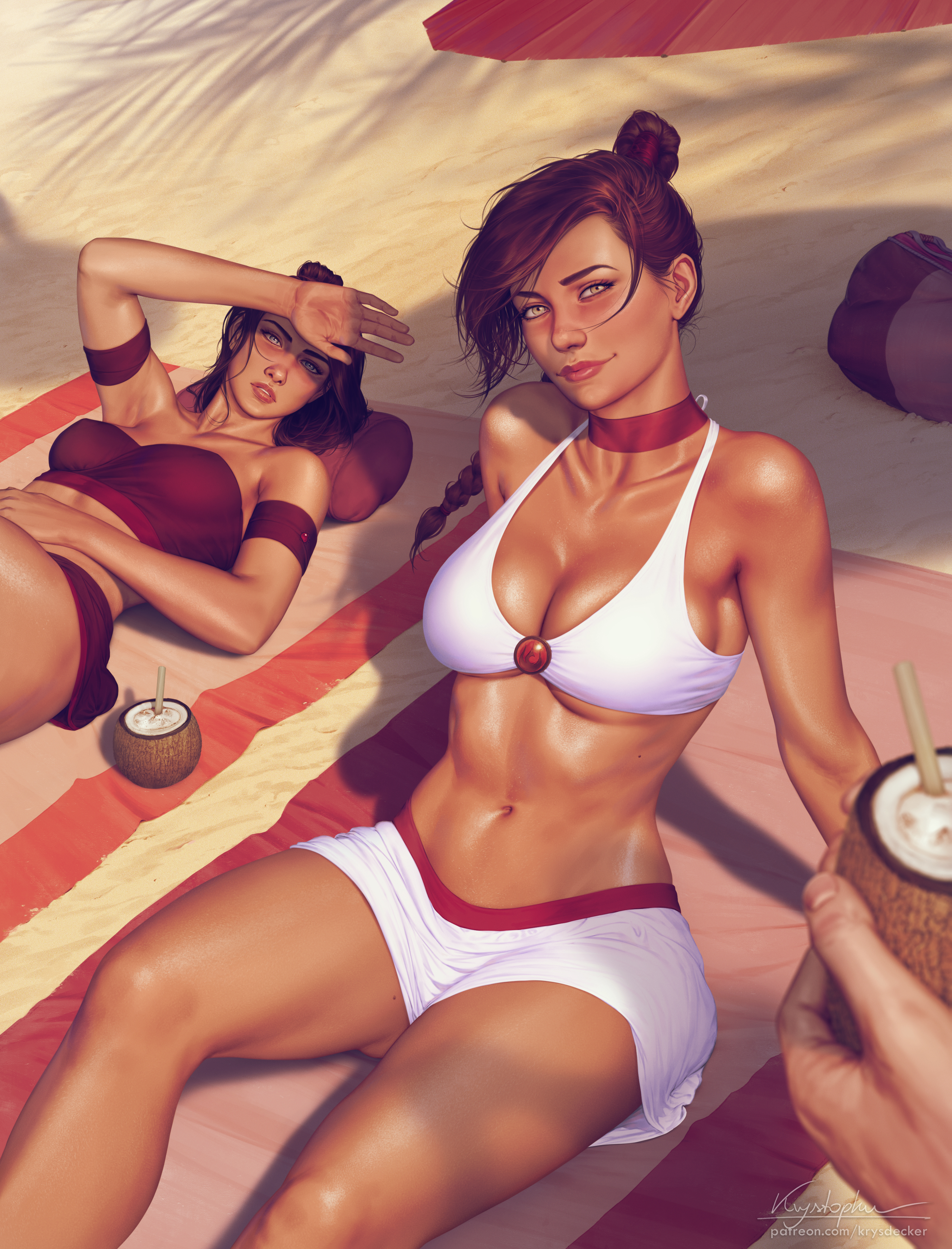 2girls, avatar the last airbender, beach, breasts, female, female focus, human, krysdecker, medium breasts, multiple females, multiple girls, navel, pinup, straight hair, suki, sunbathing, swimsuit, ty lee