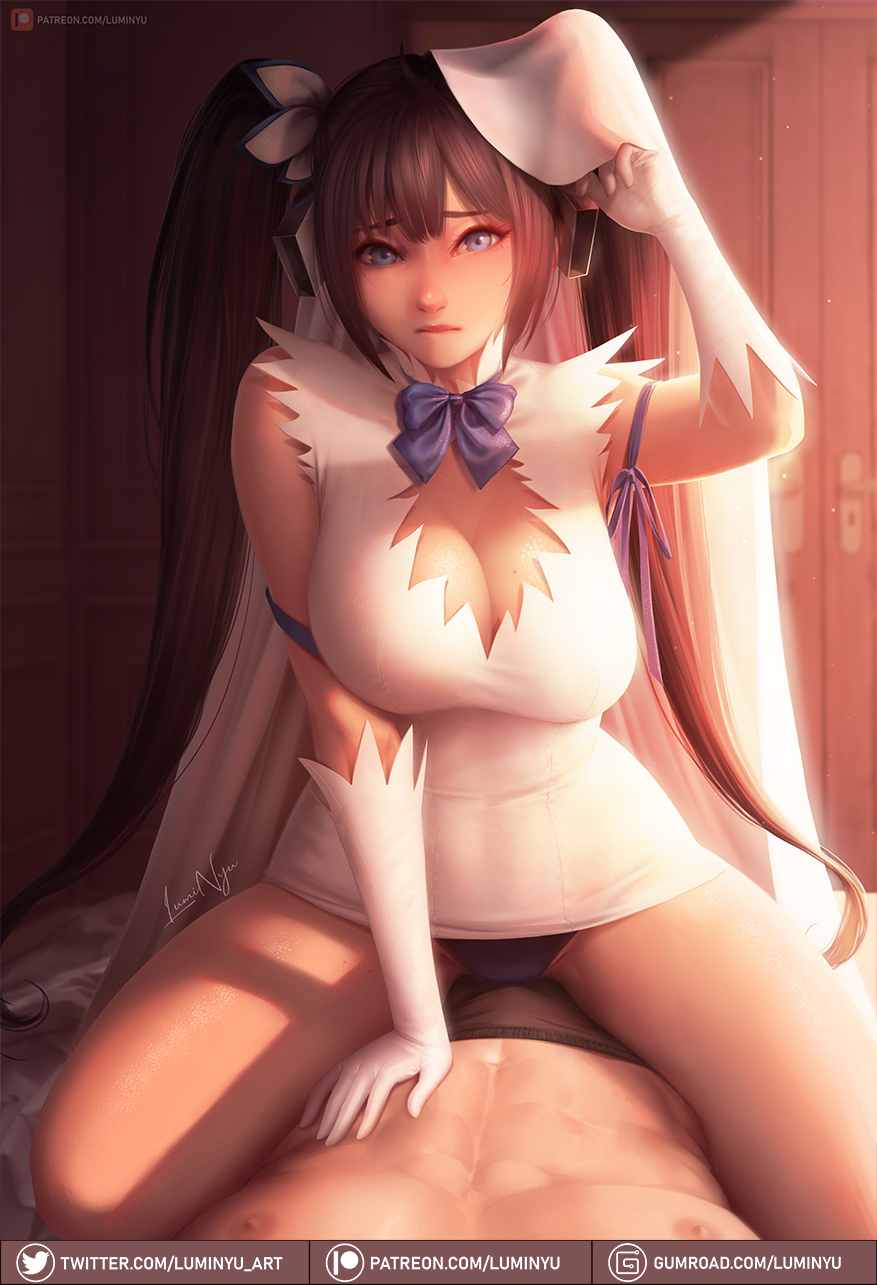 1boy, 1girls, 2022, abs, black hair, blue eyes, boob window, breasts, cleavage, dungeon ni deai wo motomeru no wa machigatteiru darou ka, female, gloves, hestia (danmachi), large breasts, luminyu, male, sitting on person, straddling, twintails, white gloves