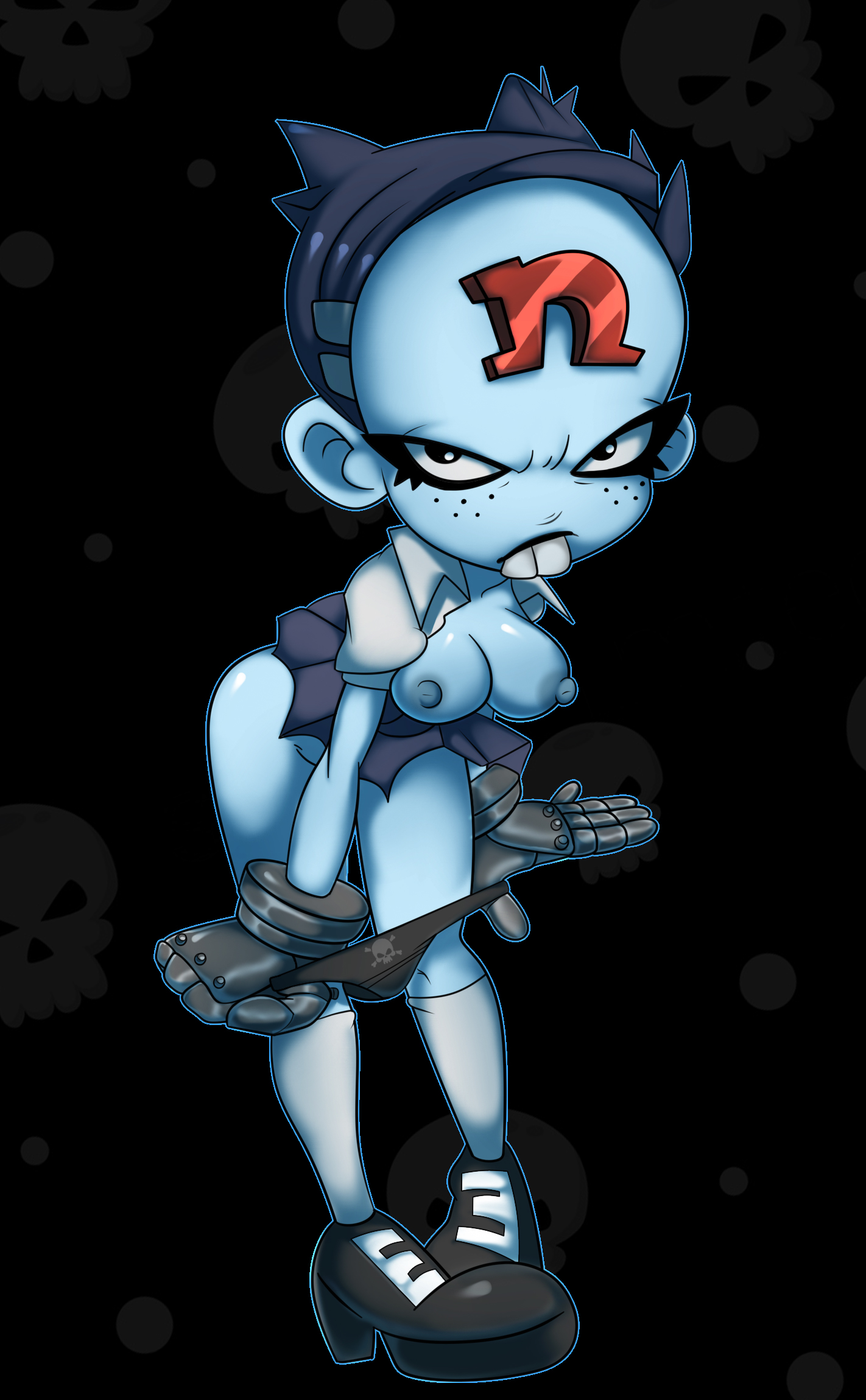 artist request, ass, big teeth, black background, black hair, black panties, blue skin, breasts, breasts out, buckteeth, crash (series), eyeliner, female, forehead mark, freckles, goth, gothic, huge ass, nina cortex, nipples, nude, nude female, panties, panties around legs, removing panties, robotic hands, schoolgirl, short hair, undressing