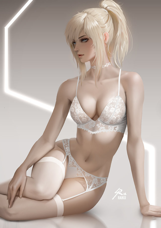 1girls arm_support bangs blonde_female blonde_hair blue_eyes bra breasts choker cleavage female female_only garter_belt garter_straps gradient gradient_background human human_only leaning_on_elbow light-skinned_female light_skin lingerie lips looking_at_viewer medium_breasts metroid navel nintendo no_pants pale_skin panties parted_lips ponytail raikoart realistic samus_aran see-through short_hair sitting solo tess_turner thighhighs underwear underwear_only watermark white_bra white_legwear white_panties