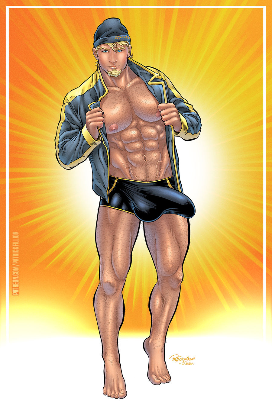 1boy abs blonde_hair class_comics facial_hair golden_boy_(class_comics) jacket male male_focus male_only patrick_fillion solo solo_male tyler_bristol underwear