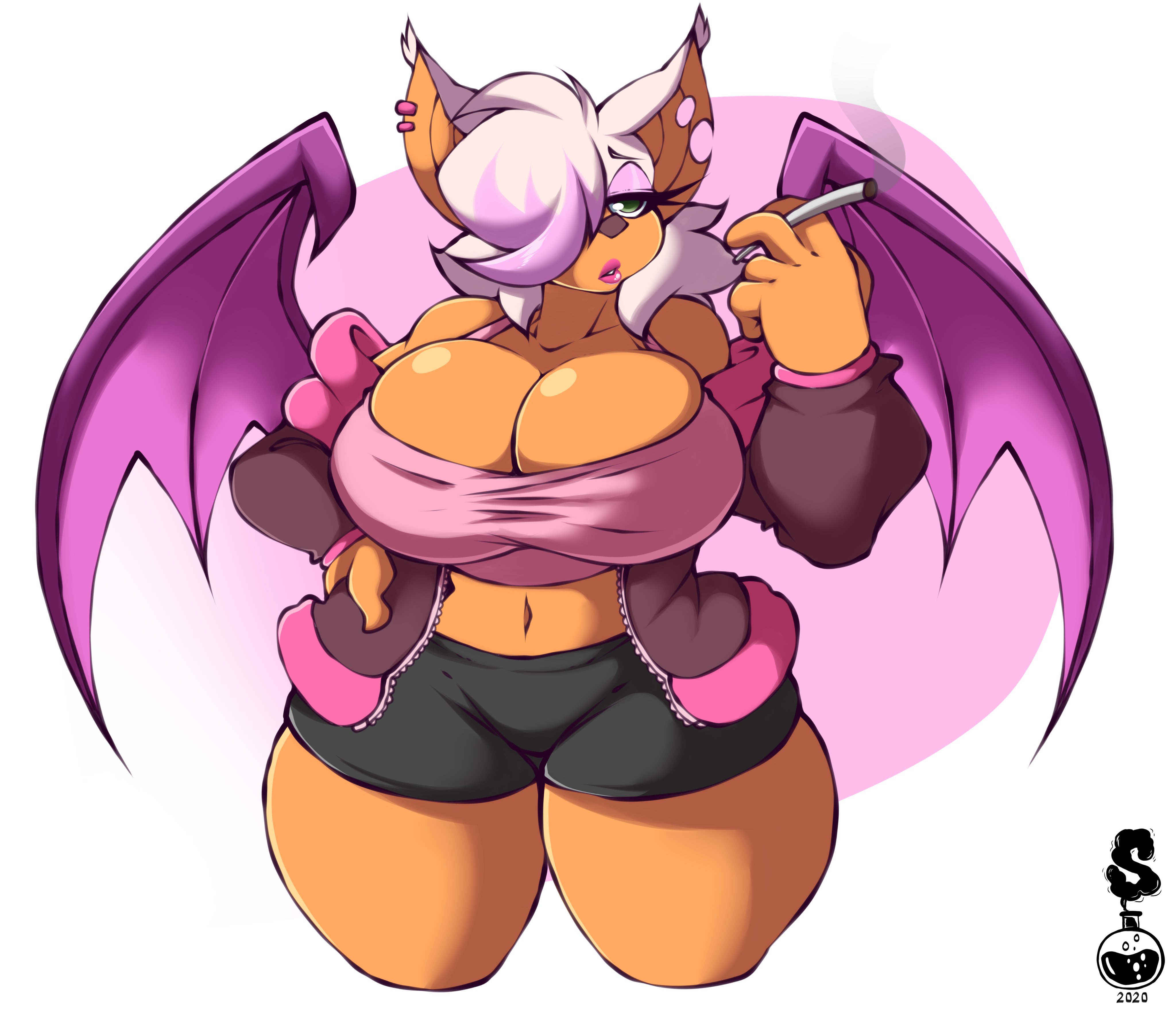 1girls, 2020, absurd res, anthro, bare shoulders, bat, big breasts, biped, black bottomwear, black clothing, black shorts, bottomwear, breast squish, breasts, brown nose, busty, chiropteran, cigarette, cleavage, clothed, clothed anthro, clothed female, clothing, crop top, curvaceous, curvy, curvy body, curvy female, curvy figure, dated, digital media (artwork), ear piercing, eyeshadow, female, female anthro, female focus, female only, front view, furry, green eyes, hair, hair over eye, hair over one eye, halter top, hand on hip, hand on own hip, hi res, highlights (coloring), holding cigarette, holding object, hotpants, hourglass figure, huge breasts, jacket, large breasts, makeup, mammal, membrane (anatomy), membranous wings, midriff, navel, notched ear, off shoulder, one eye obstructed, open clothing, open jacket, open topwear, piercing, pink hair, pink highlights, portrait, purple eyeshadow, purple wings, rouge the bat, sega, shirt, shorts, signature, simple background, smoke, solo, sonic (series), sonic the hedgehog (series), squish, superix, tan body, tan skin, thick thighs, three-quarter portrait, topwear, voluptuous, white ears, white hair, wide hips, wings
