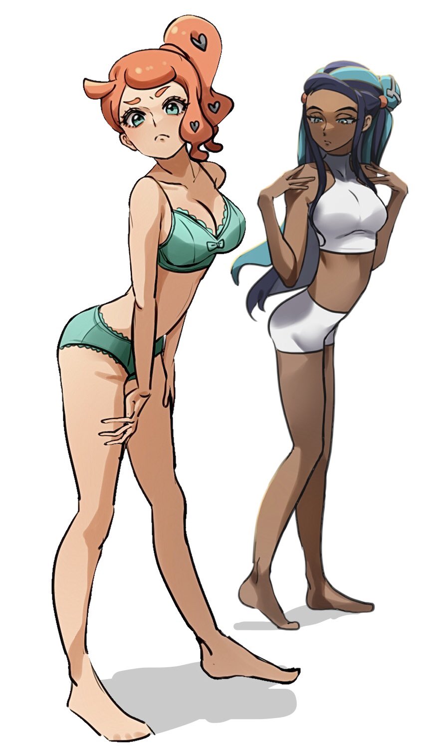 2girls, black hair, blue eyes, blue highlights, bra, female, female only, green bra, green eyes, green lingerie, green panties, heart hair ornament, highlights (coloring), lingerie, multiple females, multiple girls, n fns17, nessa (pokemon), nintendo, orange hair, panties, pokemon, pokemon ss, side ponytail, sonia (pokemon), underwear only, white bra, white lingerie, white panties