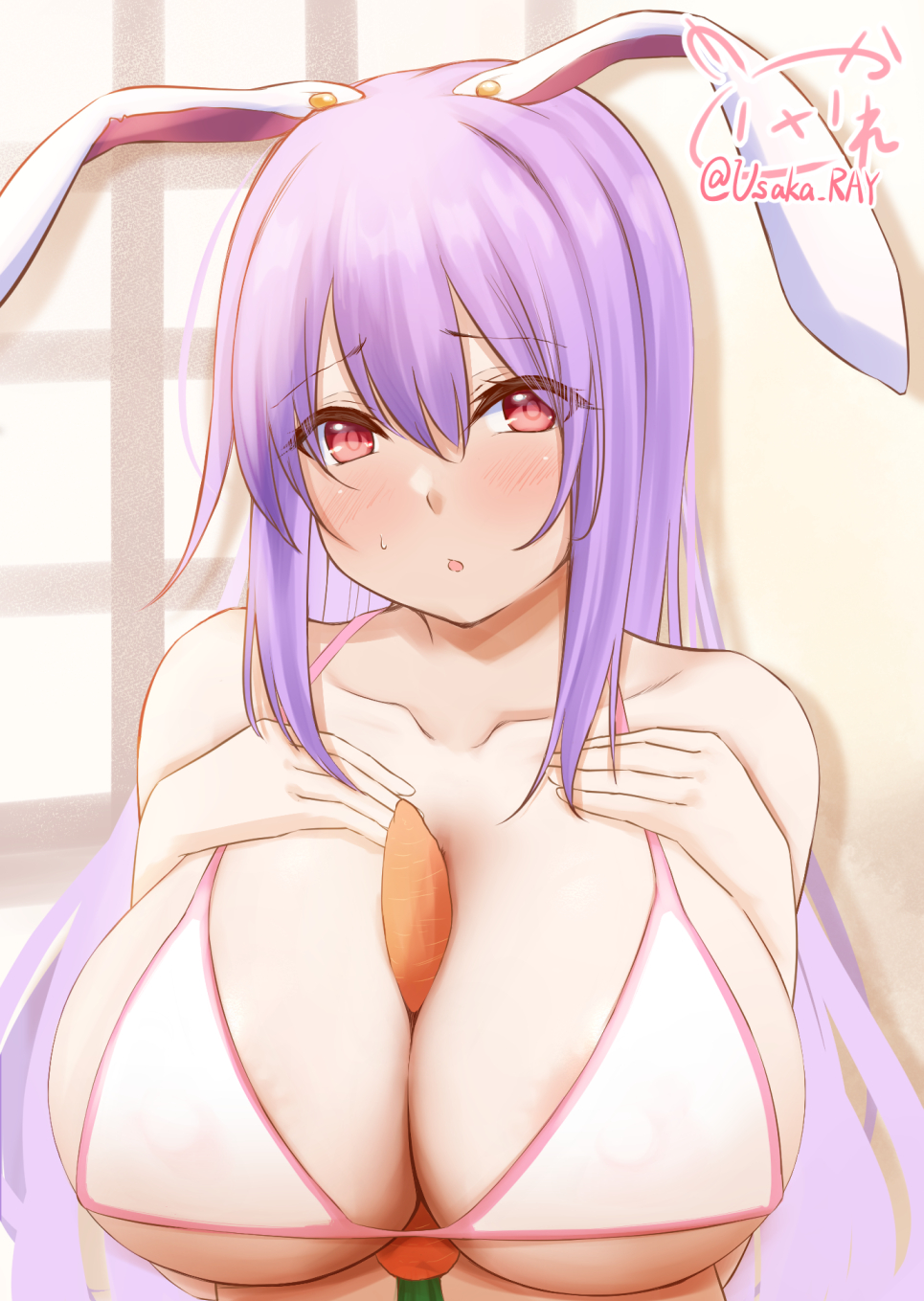 animal_ears areola_slip artist_name bangs bare_shoulders between_breasts bikini blush breasts cleavage collarbone embarrassed female hair_between_eyes highres large_breasts long_hair purple_hair rabbit_ears red_eyes reisen_udongein_inaba solo swimsuit touhou twitter_username upper_body usaka_ray white_bikini