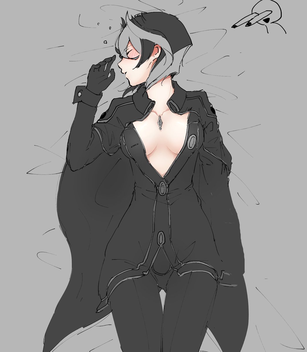 blush, breasts, drunk, eyes bugging out, female, female only, made in abyss, medium breasts, mostly clothed, no bra, on back, open shirt, ozen, passed out, short hair, sleeping, solo, two-tone hair, unbuttoned, unbuttoned shirt, unconscious
