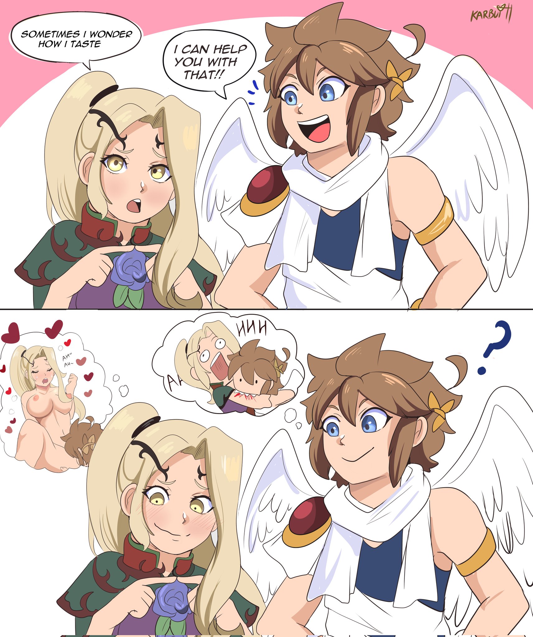 angel, angel wings, bite, blonde hair, blue eyes, brown hair, clueless, clueless male, cunnilingus, female, karbuitt, kid icarus, male, meme, misunderstanding, nintendo, pit (kid icarus), ponytail, sometimes i wonder how i taste, thinking, viridi, yellow eyes