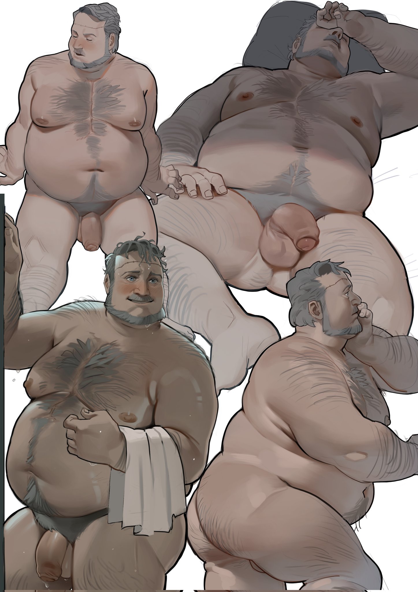 2d, 2d (artwork), 2d artwork, adult, adult male, ass, balls, ballsack, based on a real person, belly, big ass, big belly, big thighs, blue eyes, breasts, chest hair, chinstrap beard, deadman (death stranding), death stranding, different poses, doctor, elderly male, fanart, fat, fat male, flaccid, flaccid penis, gray beard, gray hair, hairy, hairy ass, hairy forearms, hairy male, hairy shoulders, happy, happy trail, large belly, lewalrus, lying on back, male, male breasts, male focus, male only, male with breasts, moustache, nipples, no background, no sex, obese, obese male, old man, older male, on back, penis, pillow, pubic hair, pubic tuft, resting, scar, scar on head, short hair, smiling, solo, solo focus, solo male, stitches, thick penis, thick thighs, towel, white background