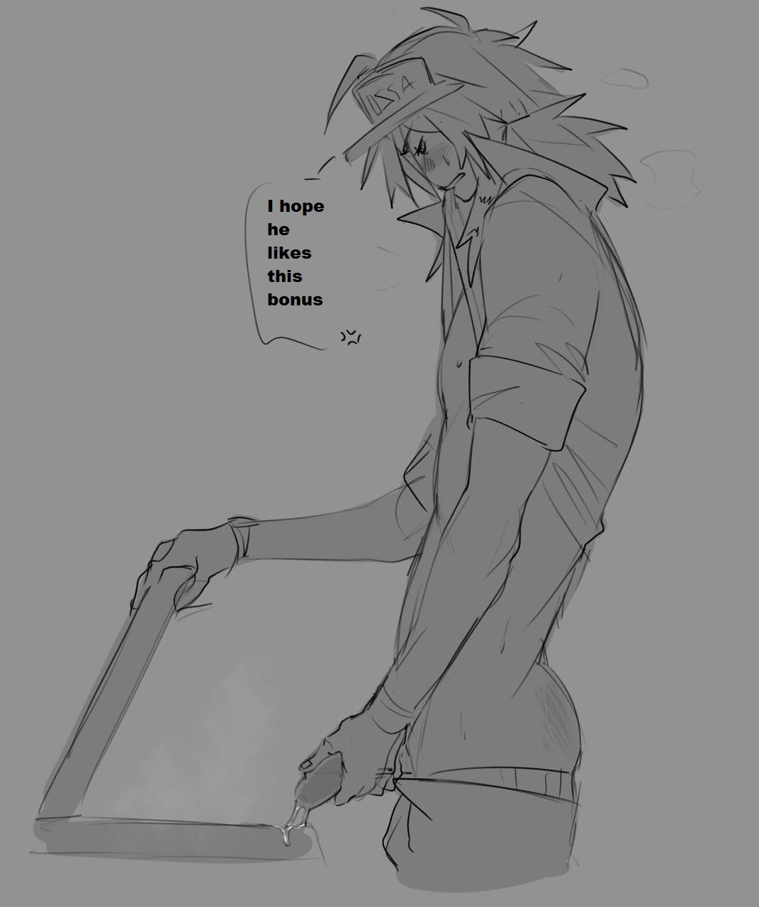 1boy, black and white, blush, cum, cumming on food, elliot (forsaken), elliot (work at a pizza place), forsaken (roblox), greyscale, ilewdha, male, masturbating, masturbation, roblox, roblox game, robloxian, solo male, sweat, tagme, work at a pizza place