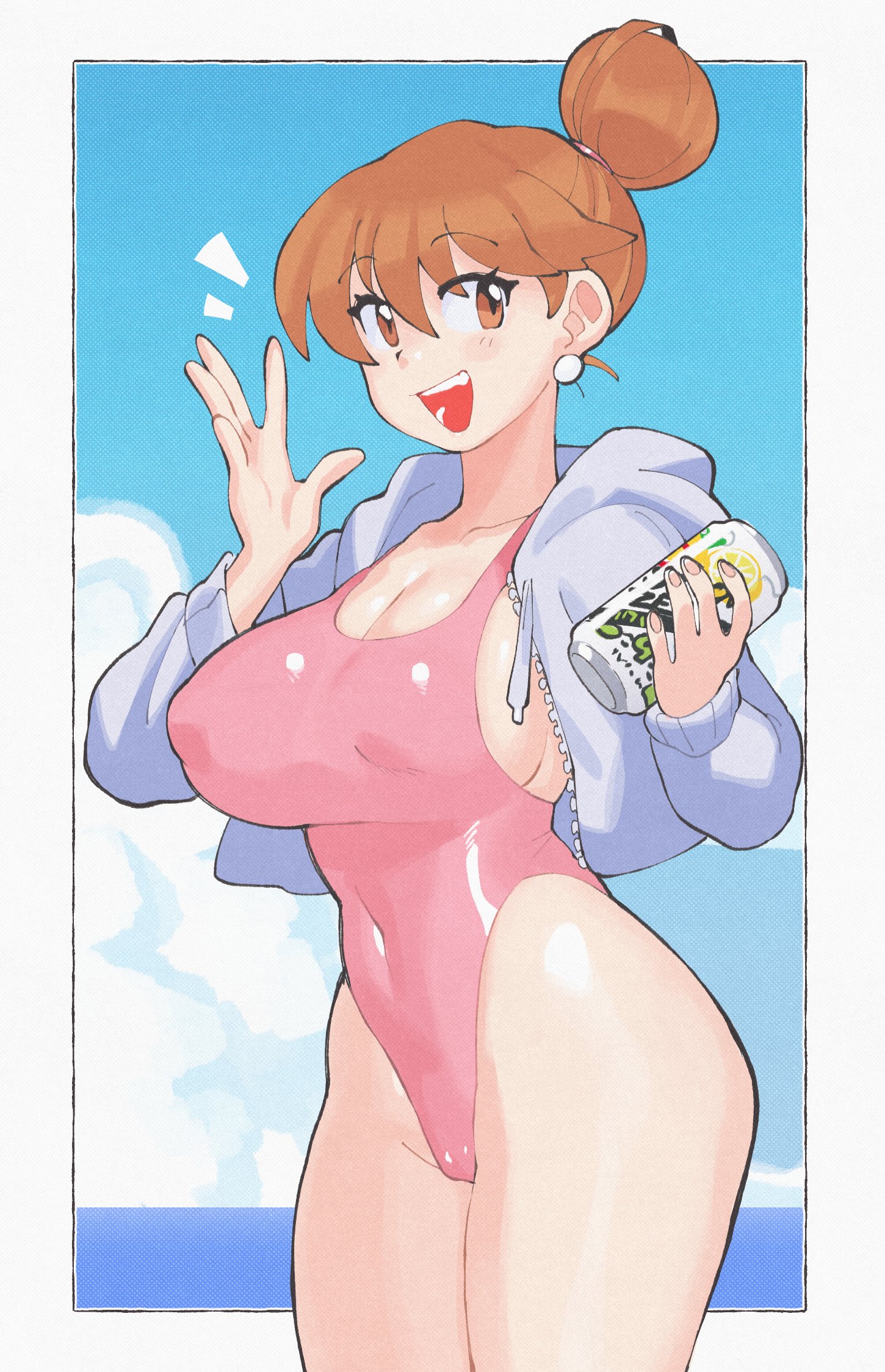 1girls, big breasts, breasts, brown eyes, brown hair, child bearing hips, cleavage, earrings, female, hair bun, hoodie, inkerton-kun, inkuusan, kill la kill, light skin, light-skinned female, mankanshoku sukuyo, mature female, milf, nipple bulge, one-piece swimsuit, pink one-piece swimsuit, pink swimsuit, sideboob, studio trigger, swimsuit, tied hair