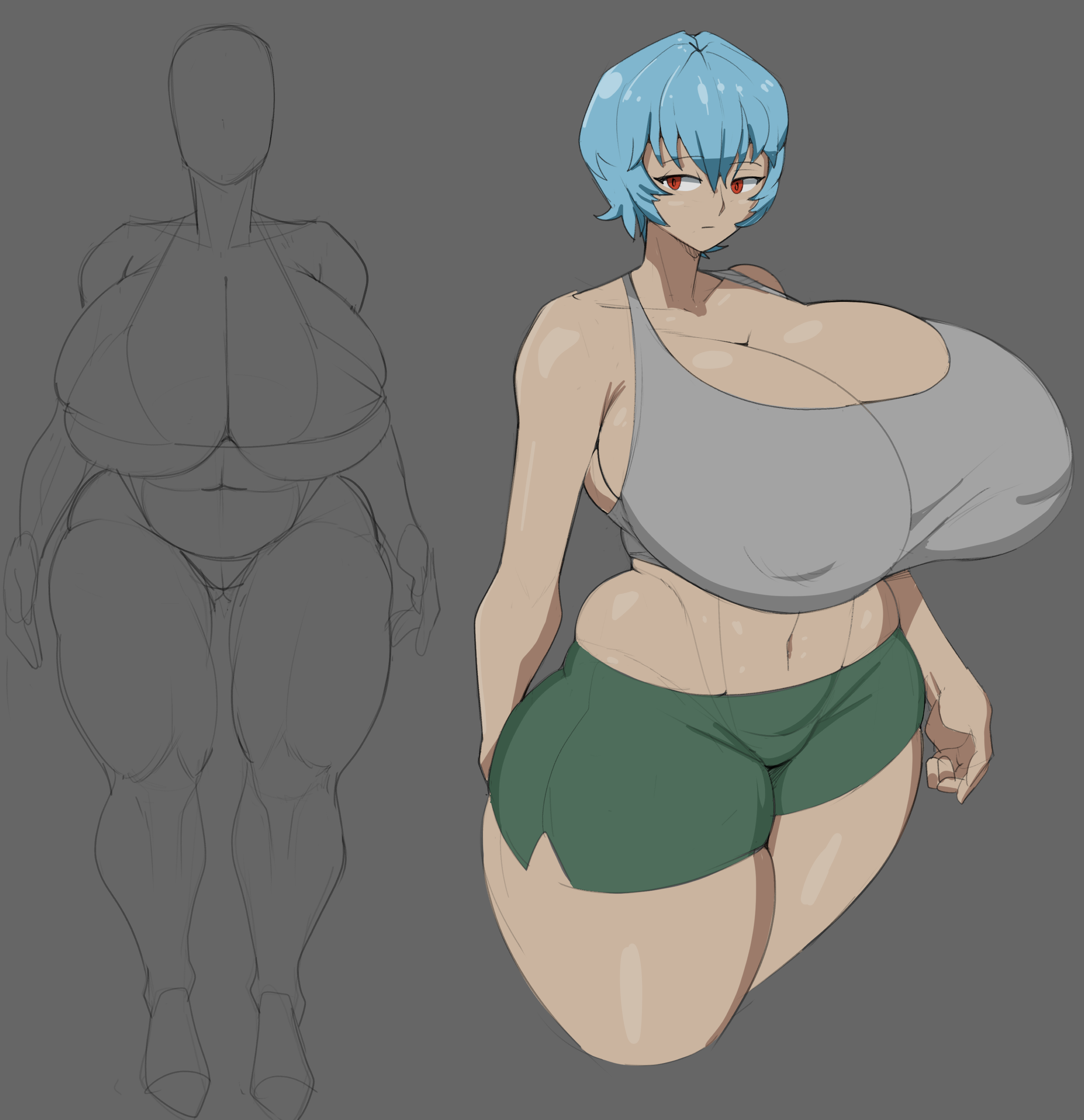 1girls, alternate breast size, breasts, breasts bigger than head, female, gigantic breasts, huge breasts, hyper breasts, loftysundew, massive breasts, neon genesis evangelion, rei ayanami, tagme