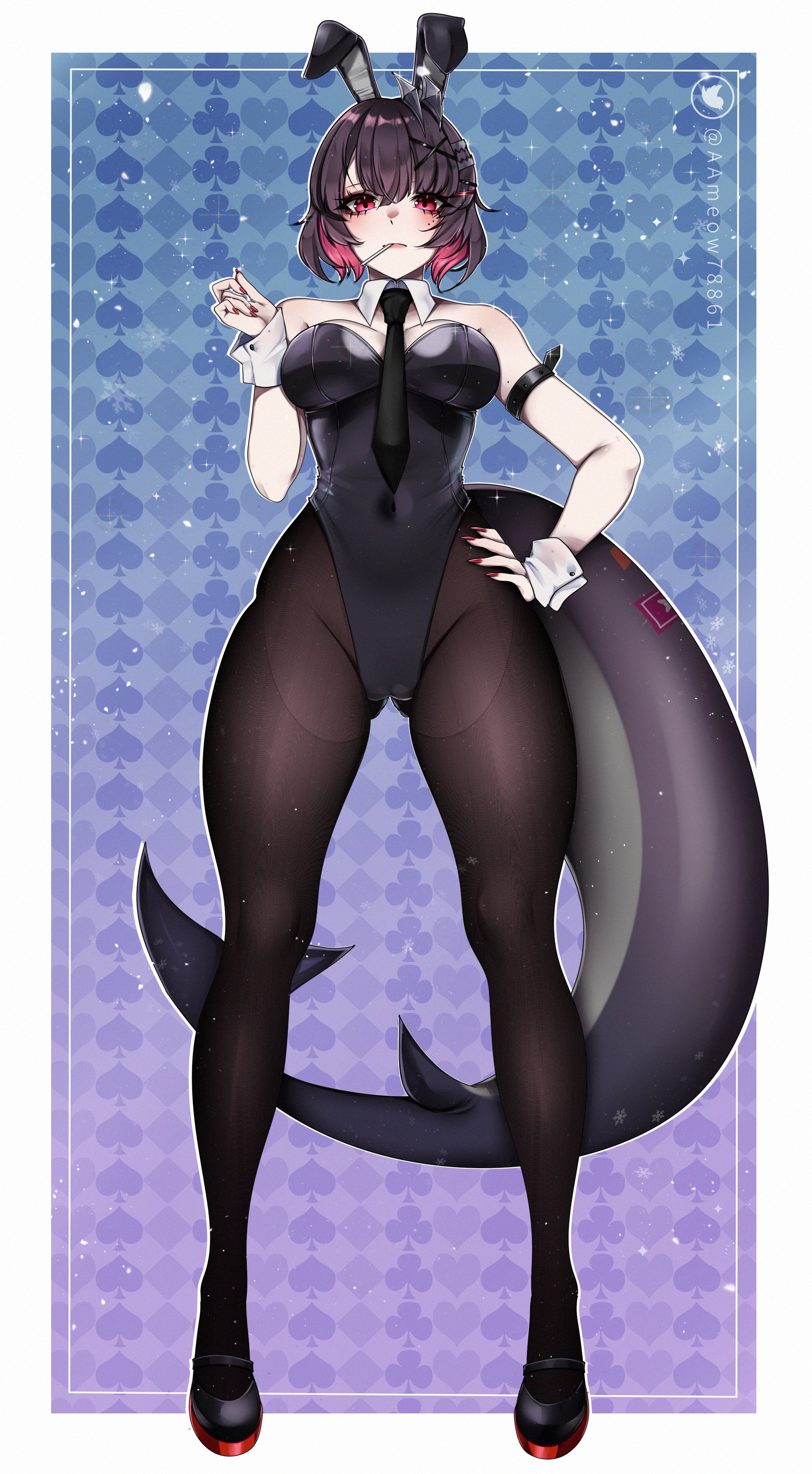 1girls, 2024, absurd res, asmodea (artist), black hair, bunny ears, bunnysuit, detached collar, ellen joe, female, female only, full body, hairclip, hand on hip, lollipop in mouth, looking at viewer, mihoyo, necktie, pantyhose, pink eyes, pink hair, shark girl, shark tail, solo, tail, thick thighs, two-tone hair, wrist cuffs, zenless zone zero