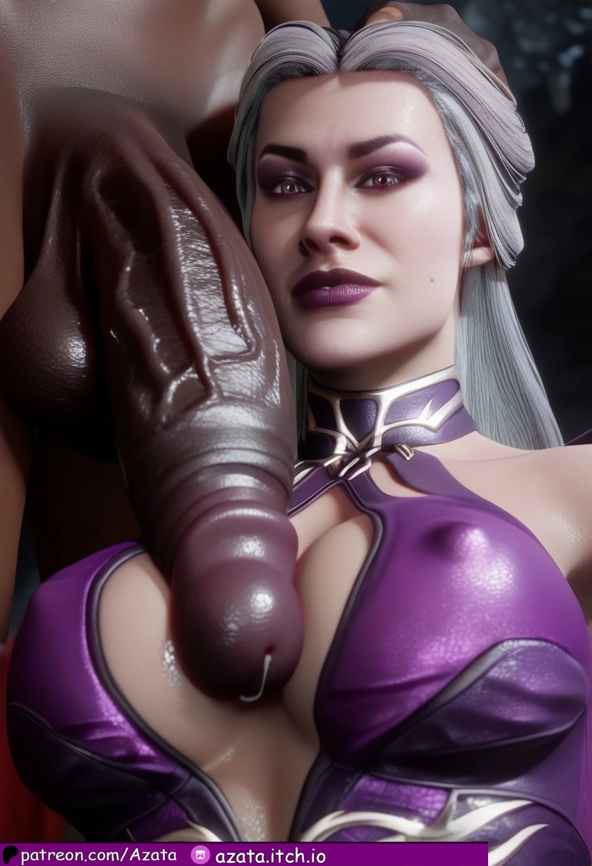 1boy, 1girls, absurdly large cock, ai generated, azataai, cleavage, clothed female nude male, curious, dark skin, dark-skinned male, female, head grab, horny female, huge cock, hugging legs, impossible fit, in love, in love with cock, interracial, looking at penis, male, milf, mortal kombat, mortal kombat 11, partial male, penis, penis on face, purple lipstick, shiny skin, sindel, size difference, taller male, voluptuous female, white hair