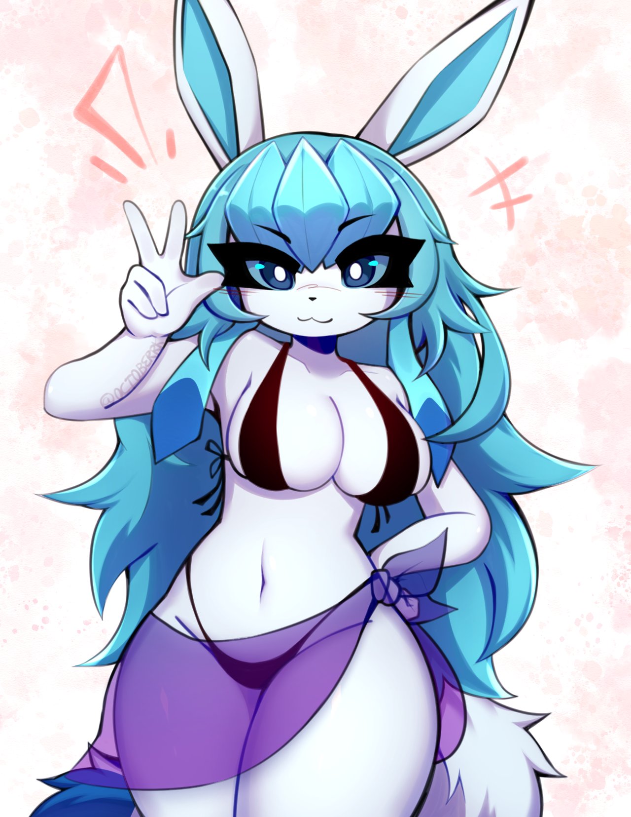 1girls, anthro, belly, big breasts, bikini, blue body, breasts, canid, canine, cleavage, clothed, clothing, collarbone, eeveelution, female, female focus, female only, fur, furry, furry female, furry only, generation 4 pokemon, glaceon, long ears, looking at viewer, nintendo, octoberrk, pokemon, pokemon (species), solo, tail