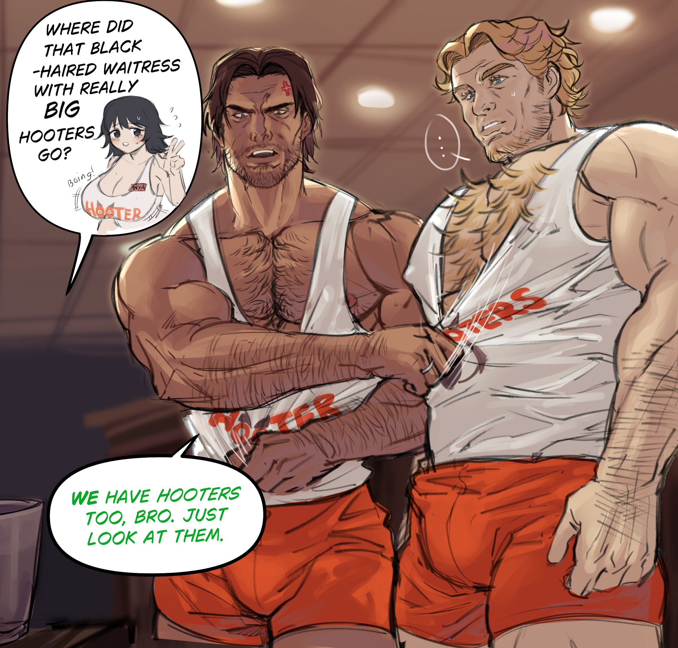 1girls, 2boys, anya (mouthwashing), bara, brown-haired male, bulge, bulge through clothing, curly (mouthwashing), female, hairy arms, hairy chest, hairy male, hooters, hooters uniform, jimmy (mouthwashing), male, male focus, meorichitmech, mouthwashing, mouthwashing (game), muscular, muscular arms, muscular chest, muscular male, pecs, pectorals, pulling down shirt, speech bubbles, yaoi