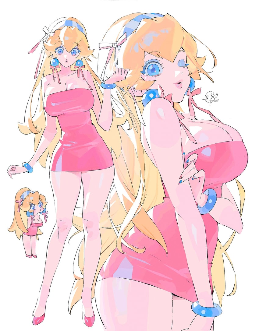 ass, big ass, big breasts, blonde hair, blue eyes, bracelet, breasts, cleavage, curvy, curvy figure, dress, female, heels, mario (series), mito609, nintendo, princess peach, sepo (mito609), super mario bros., thick thighs, tight clothing